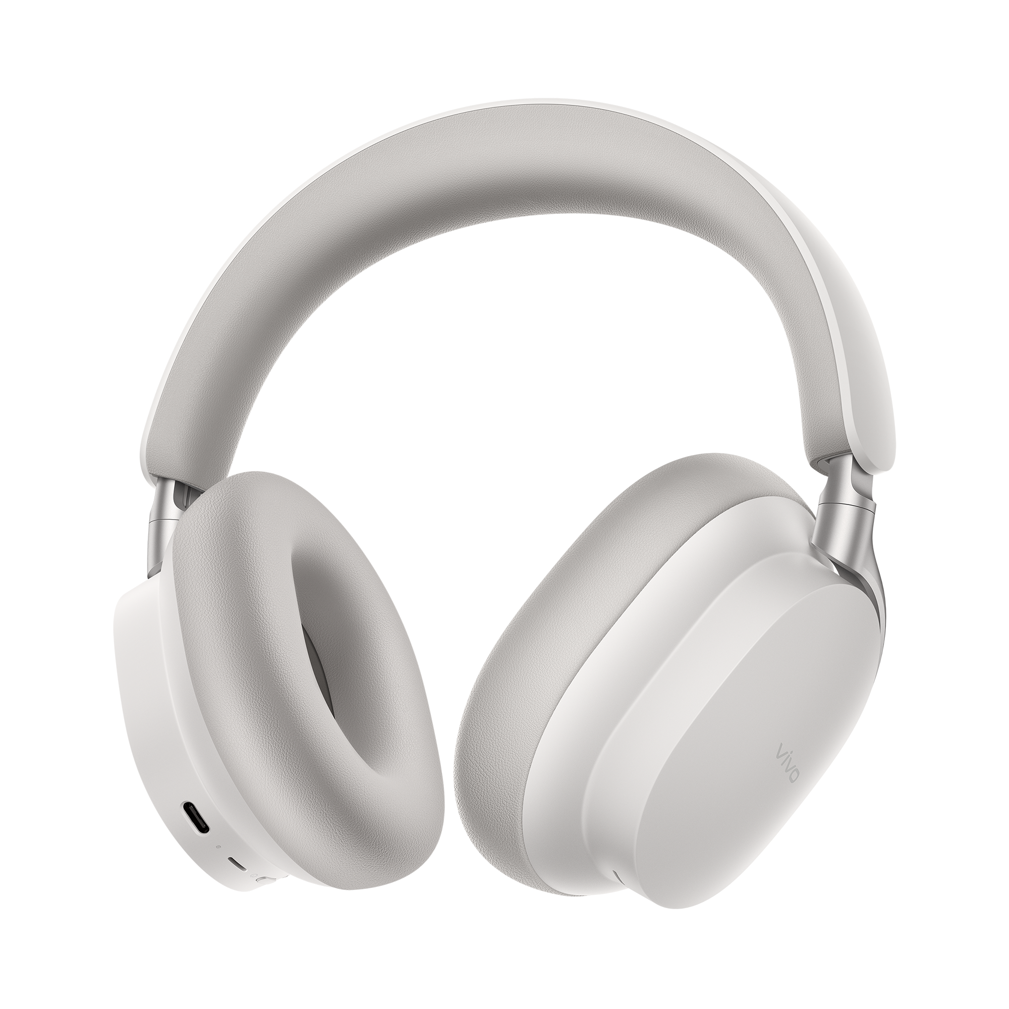 Auriculares supraaurales blancos con detalles plateados sobre fondo negro.