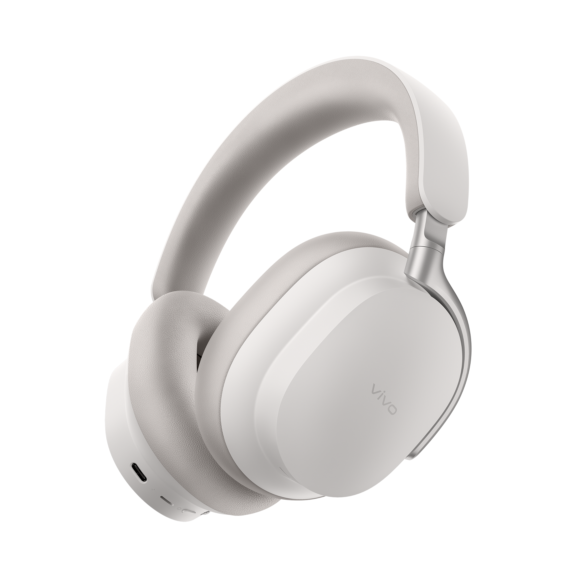 Auriculares supraaurales blancos Vivo con detalles plateados sobre fondo negro.