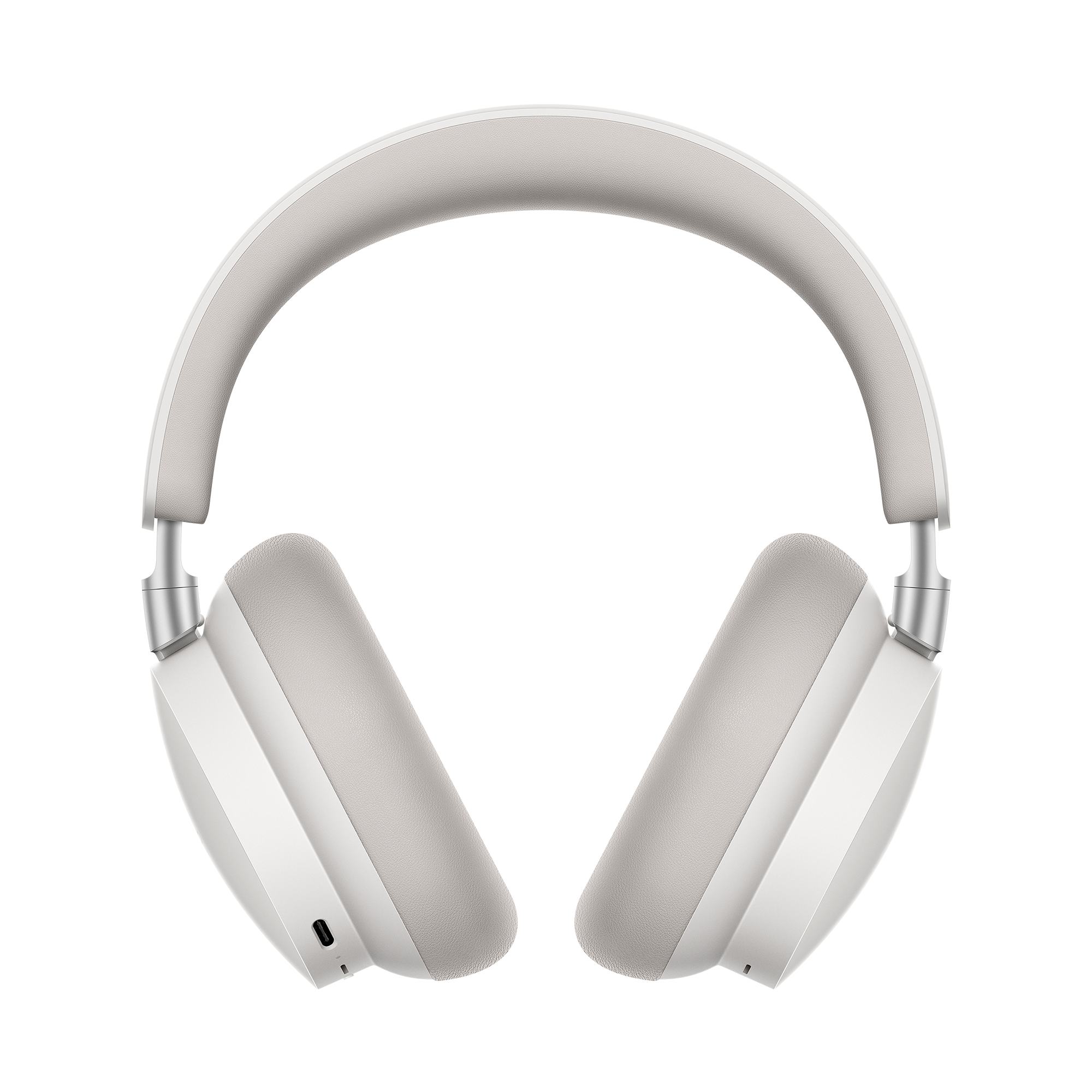 Auriculares supraaurales blancos con detalles plateados sobre fondo negro.