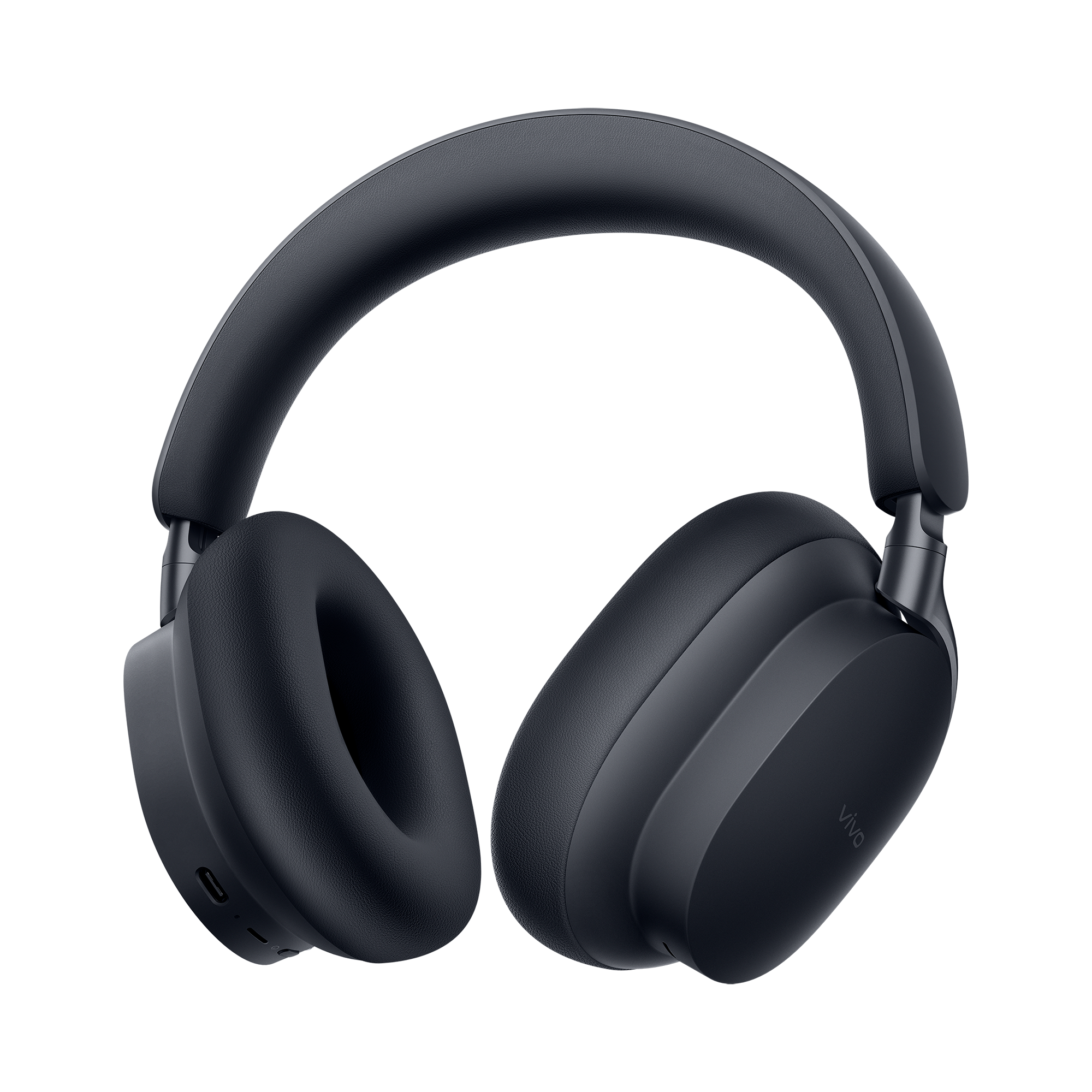 Auriculares supraaurales de color gris oscuro con almohadillas gruesas sobre fondo negro.