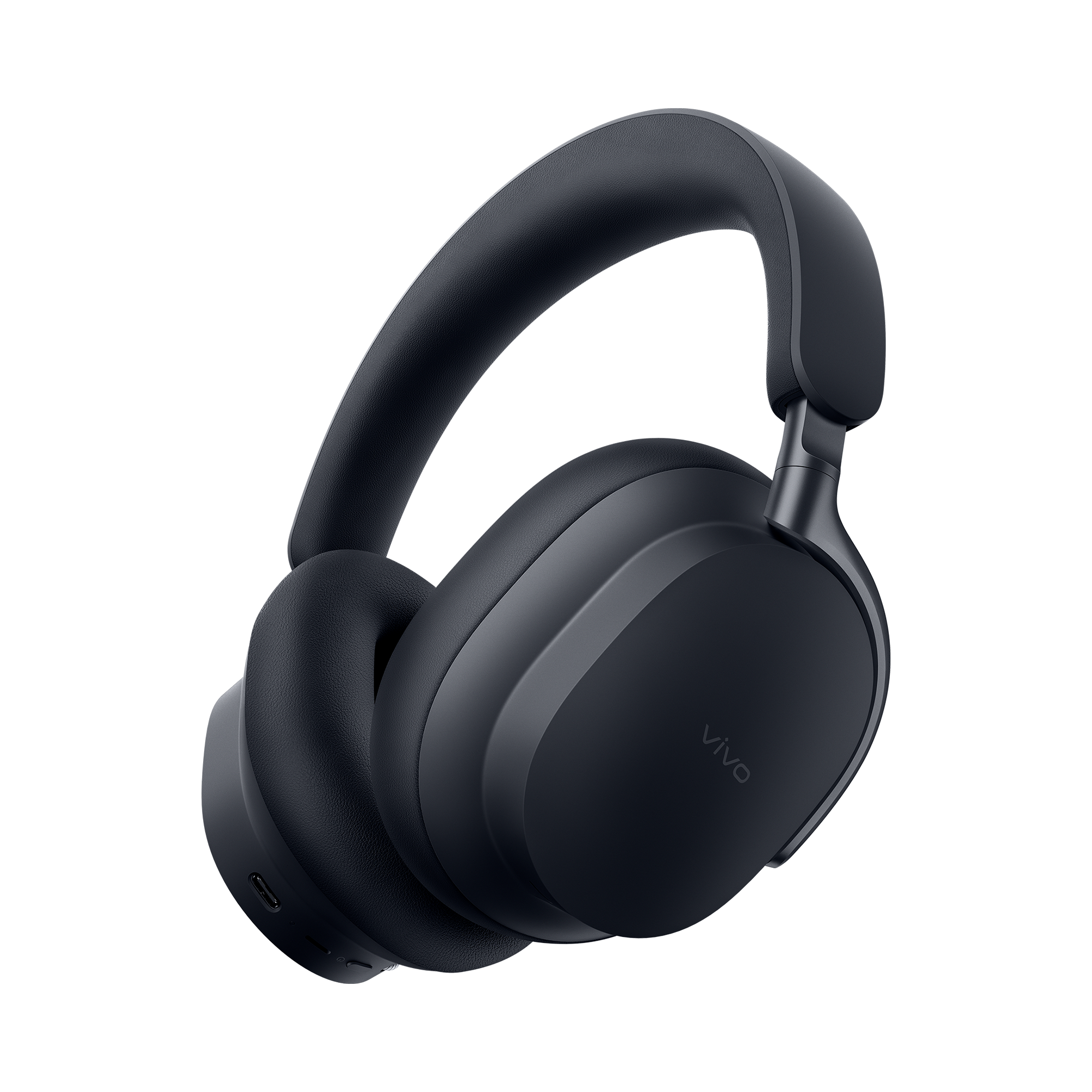 Elegantes auriculares supraurales gris oscuro con el logo de vivo en la orejera derecha, sobre fondo negro.