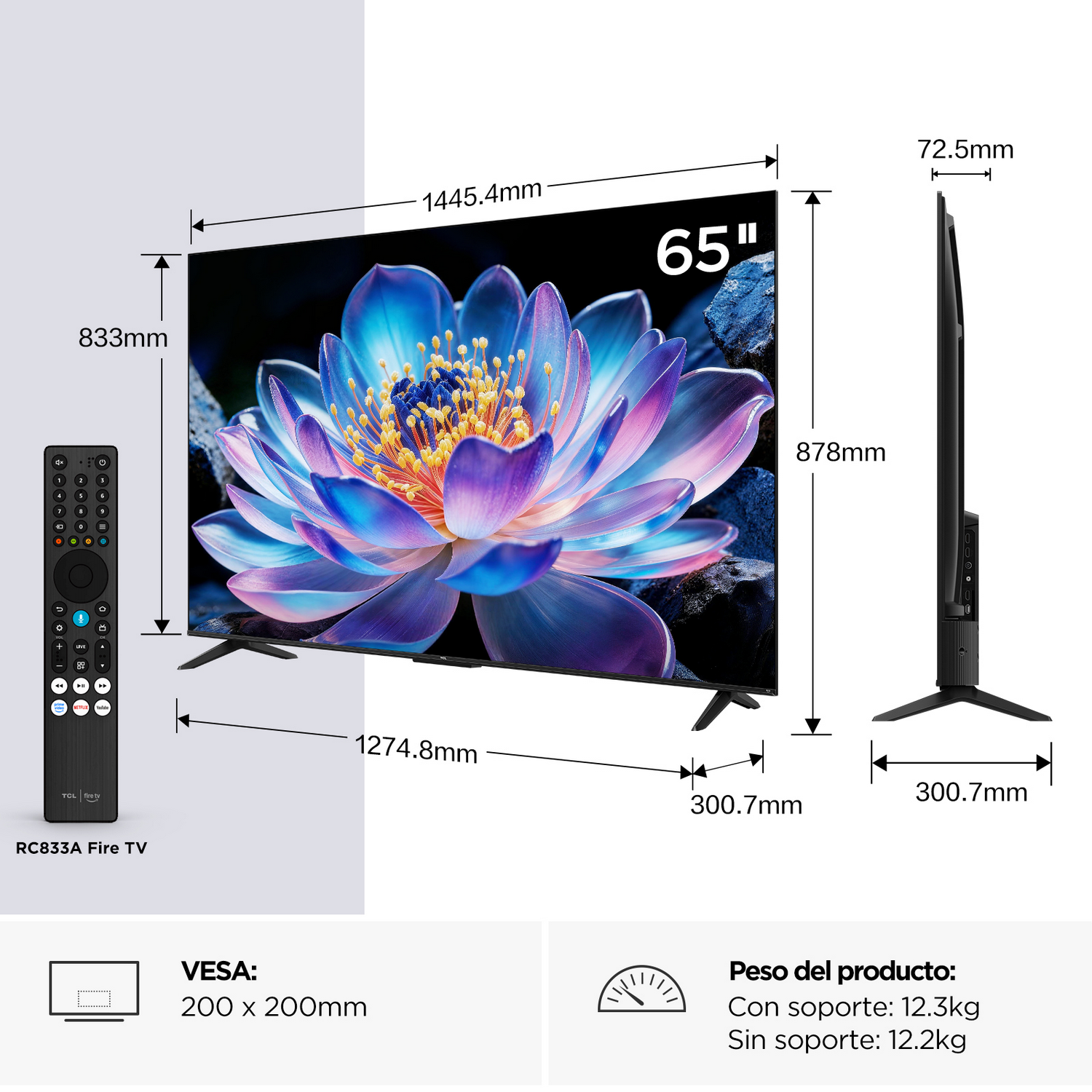 Diagrama que muestra las dimensiones, el control remoto y el tamaño VESA de un televisor de 65 pulgadas.