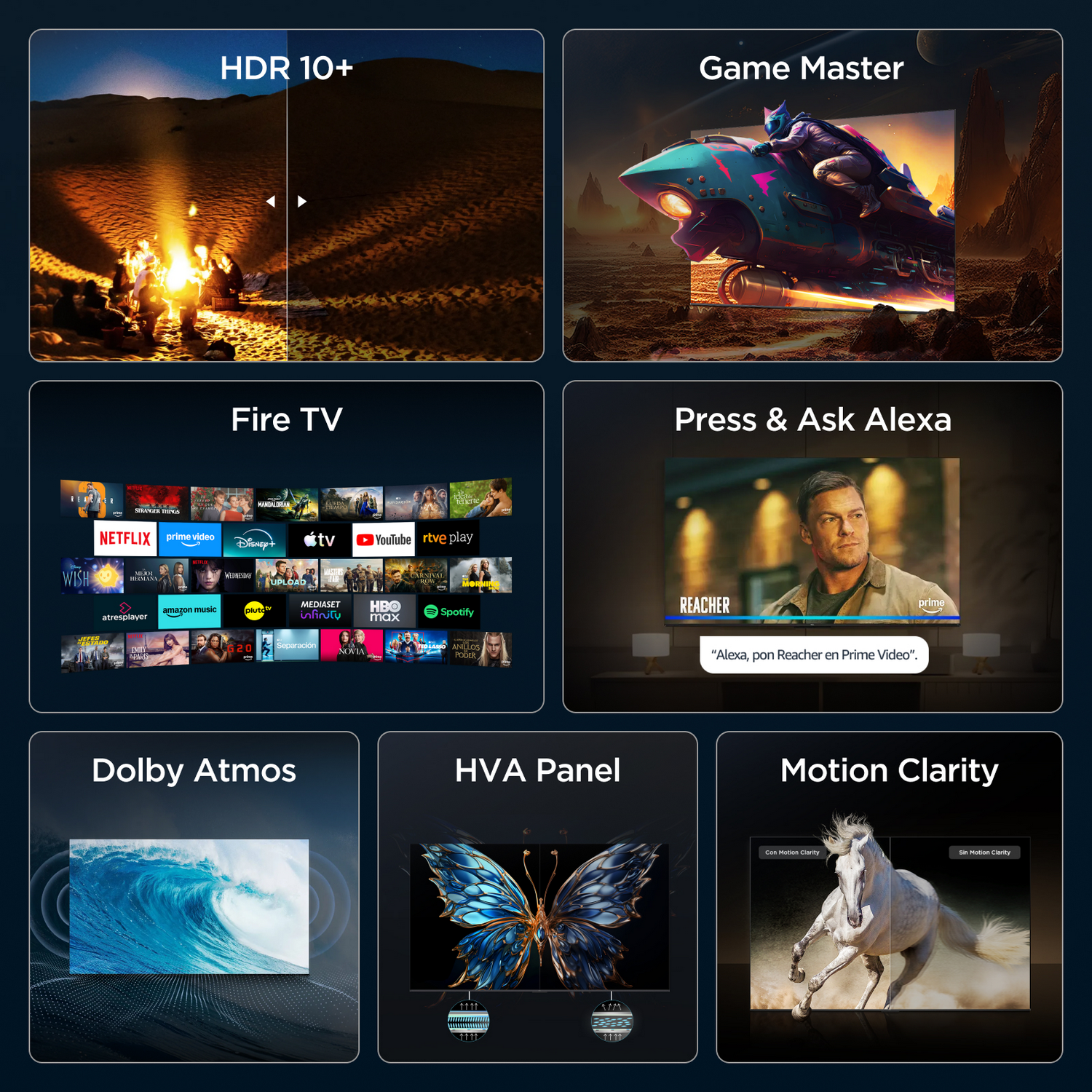 Seis pantallas muestran funciones de TV como HDR 10+, Game Master, Fire TV, Alexa, Dolby Atmos, HVA Panel y Motion Clarity.
