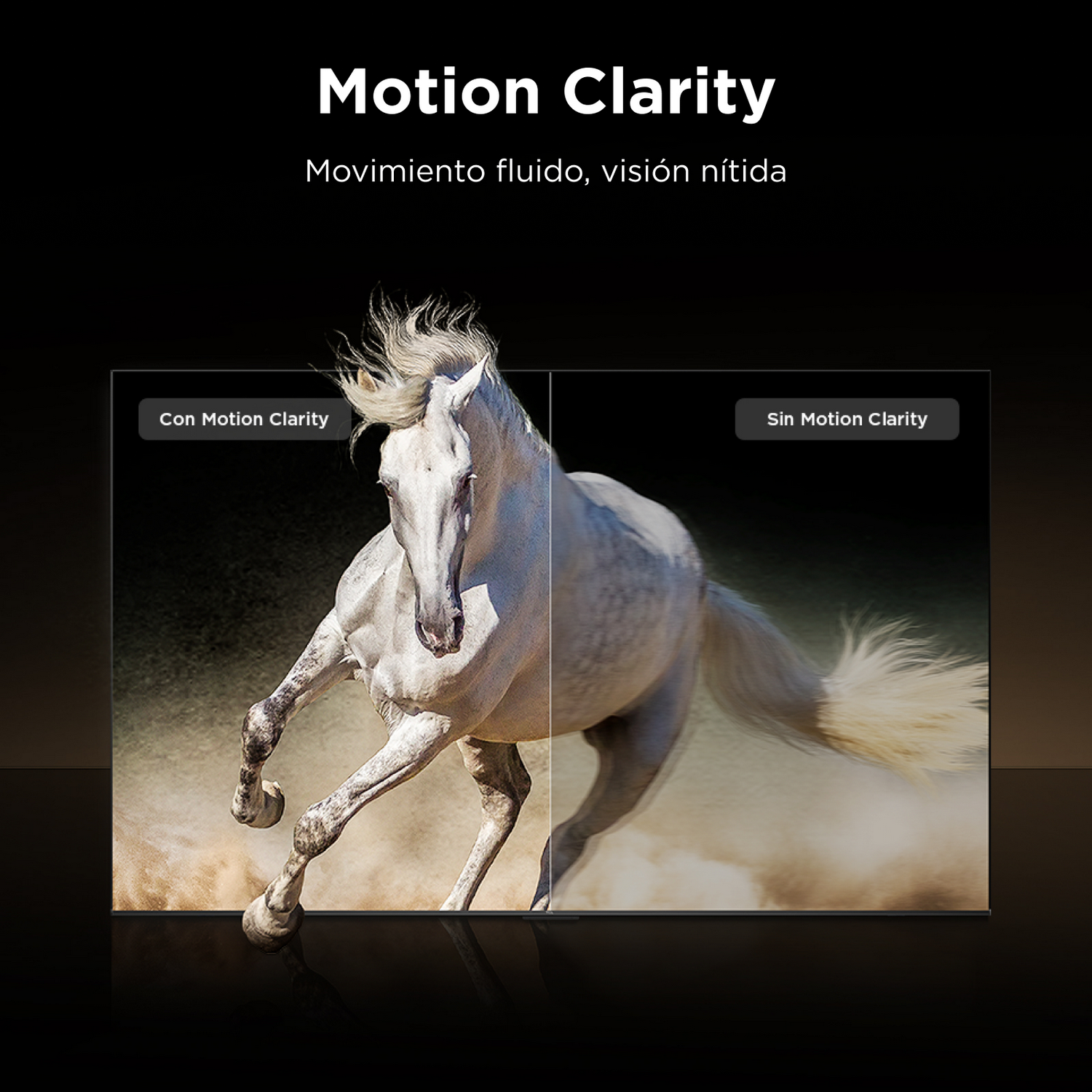 Comparación de claridad de movimiento mostrando un caballo blanco galopando.