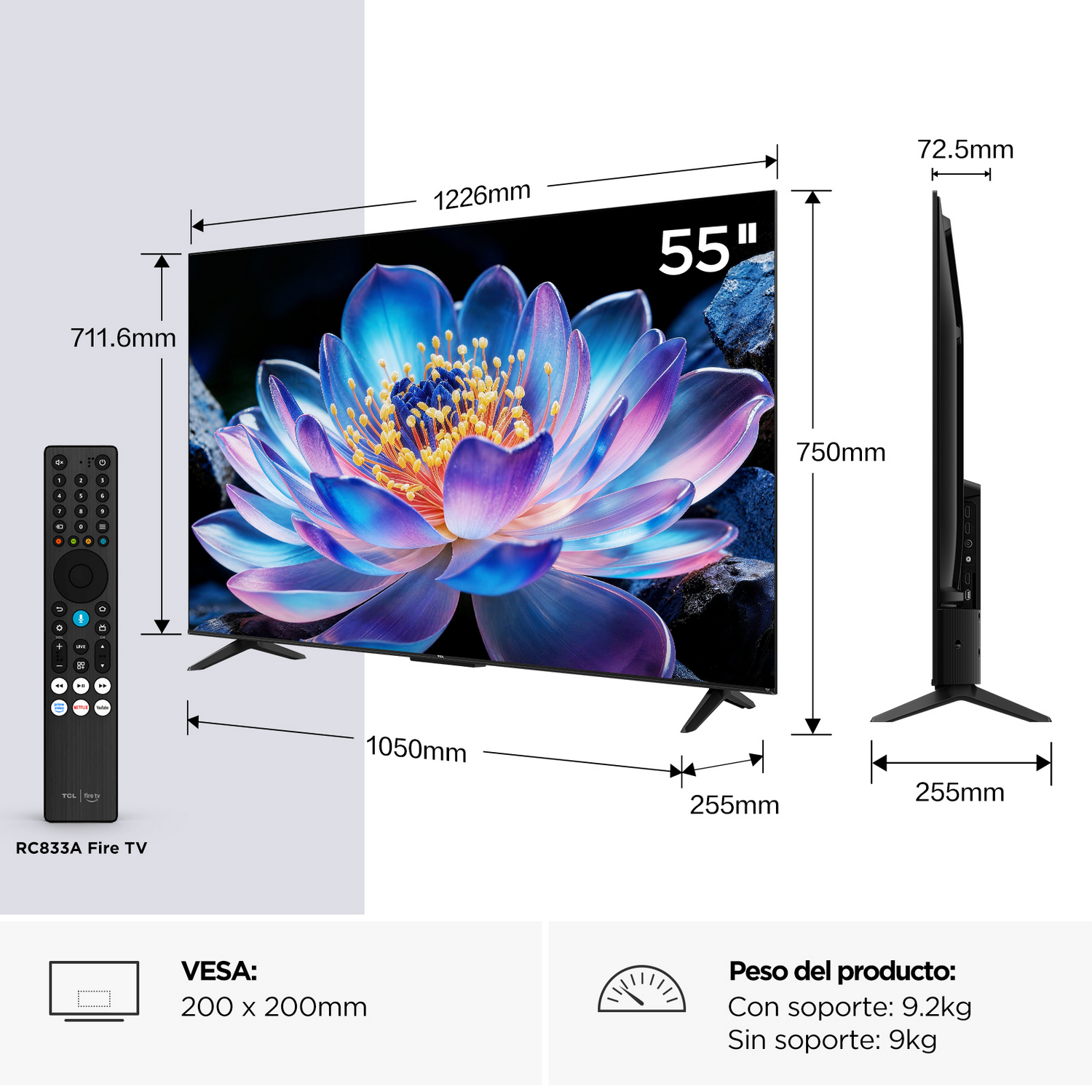Diagrama técnico de un televisor de 55 pulgadas con dimensiones, control remoto, VESA y peso.