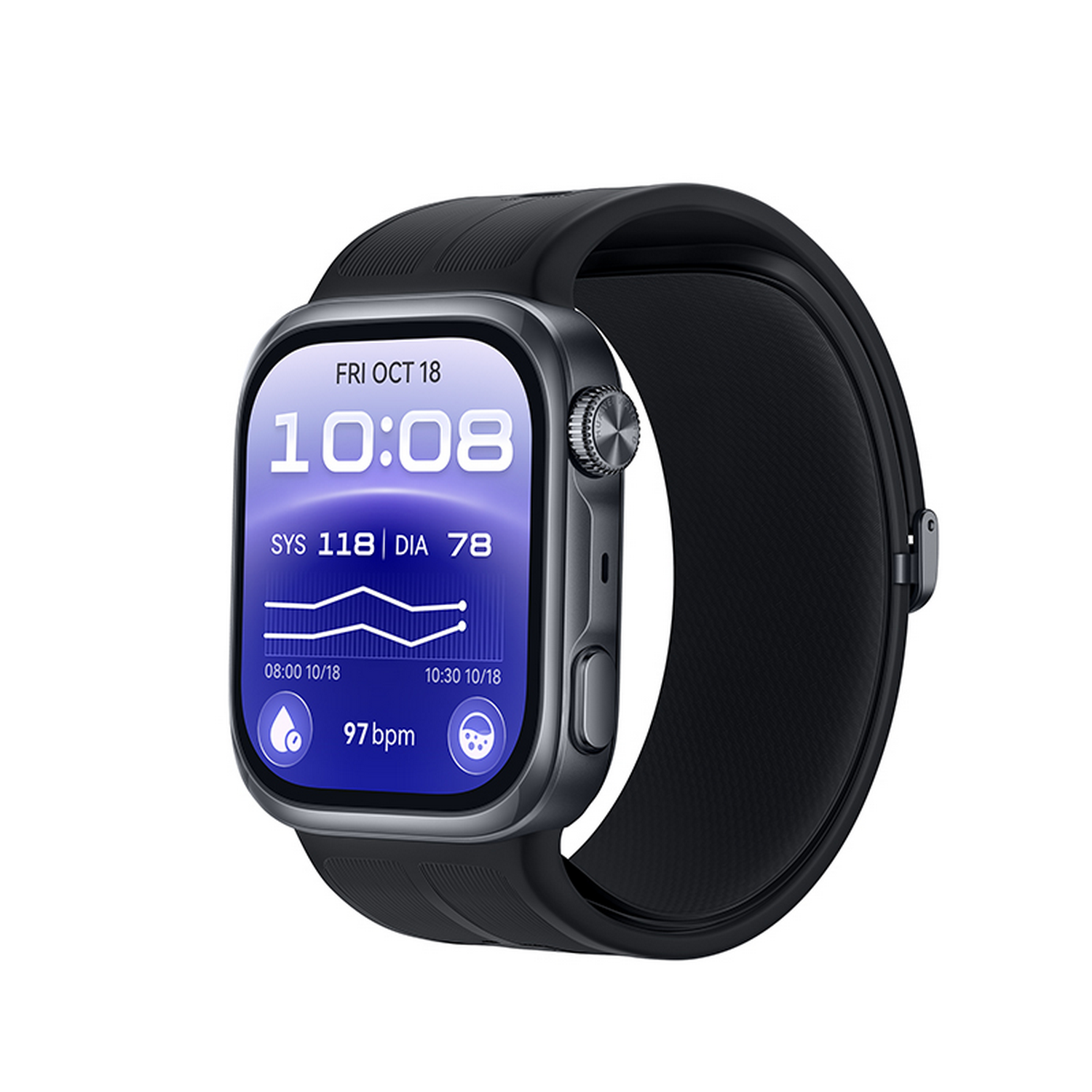 Reloj inteligente negro con pantalla rectangular, hora digital, datos de salud y correa negra sobre fondo blanco.