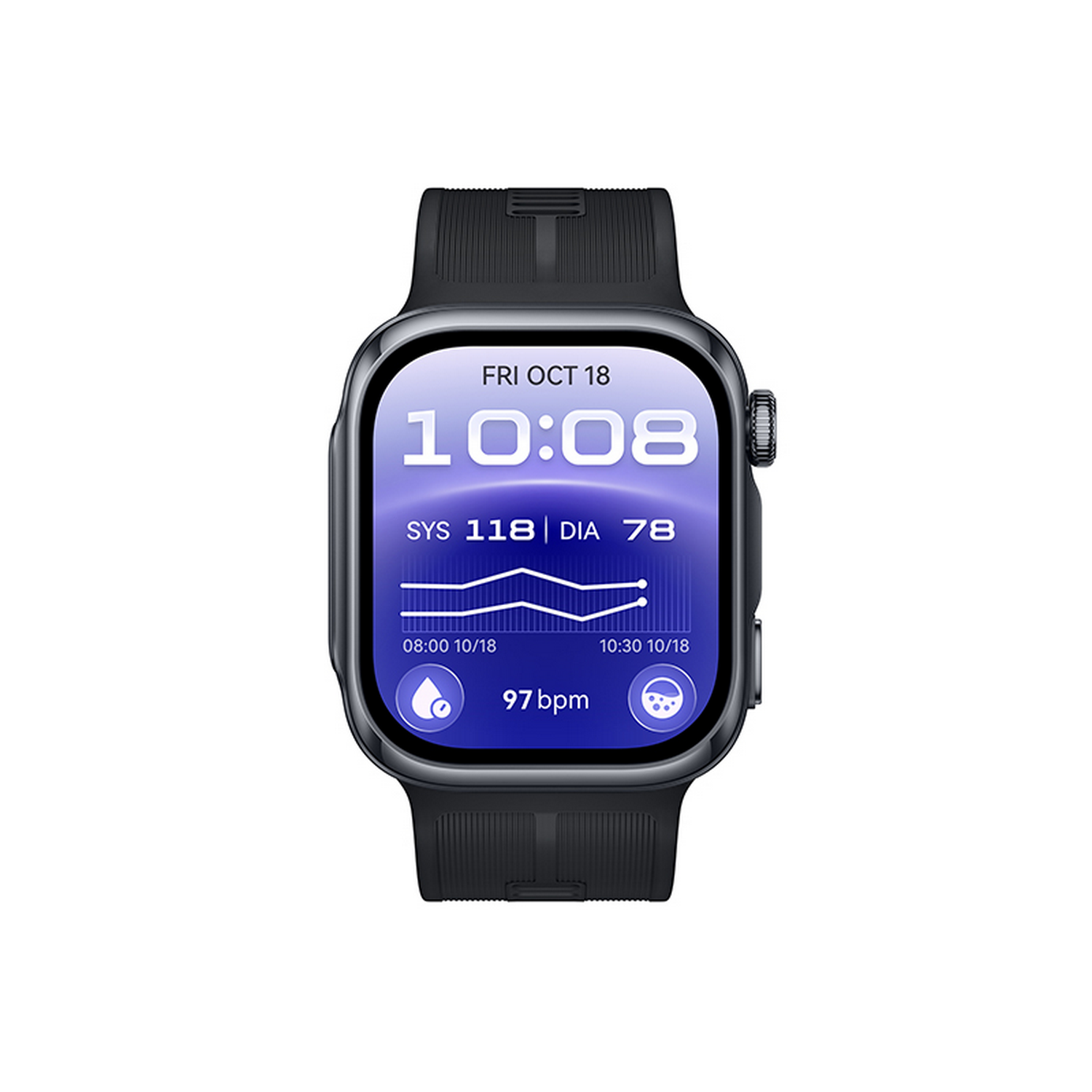 Un reloj inteligente negro con pantalla morada muestra hora, frecuencia cardíaca y presión.