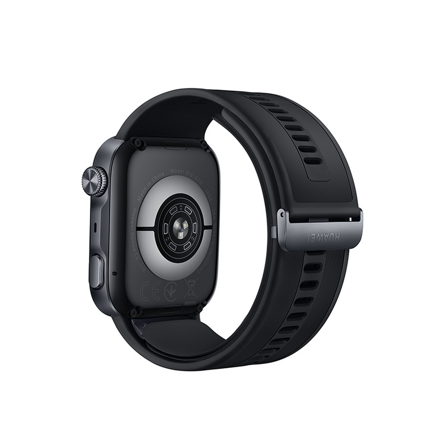 Parte trasera de un reloj inteligente negro con sensor y correa de goma.