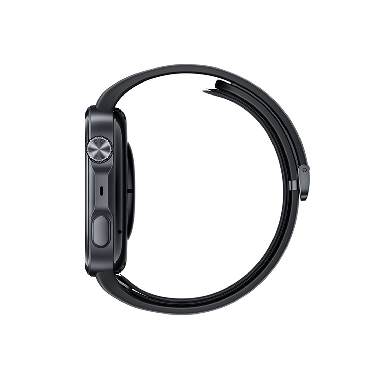 Smartwatch negro visto de perfil con corona, botón lateral y correa sobre fondo blanco.