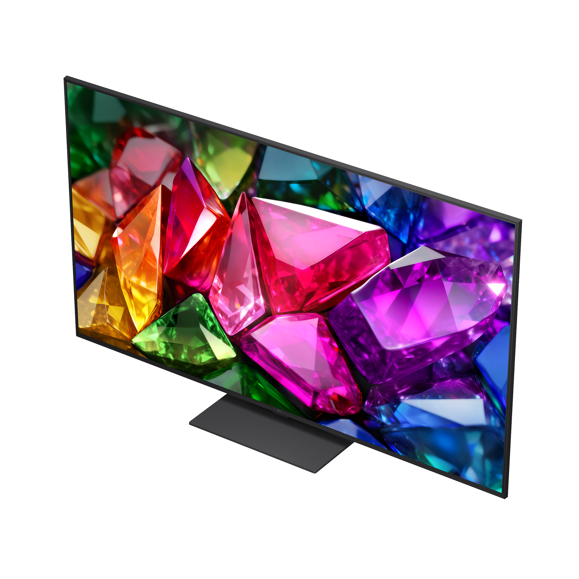 Televisor de pantalla plana sobre fondo blanco que muestra un patrón colorido de formas de piedras preciosas.