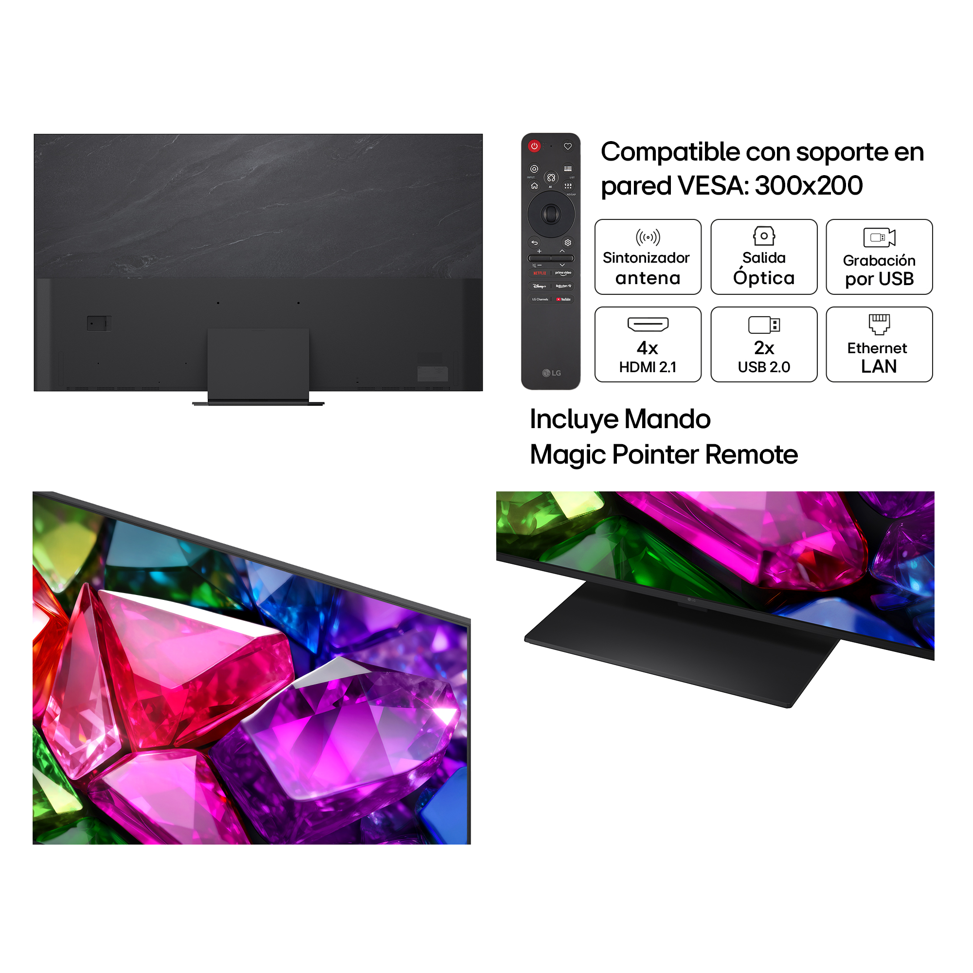 TV con soporte VESA, mando Magic Pointer, puertos y pantalla colorida.