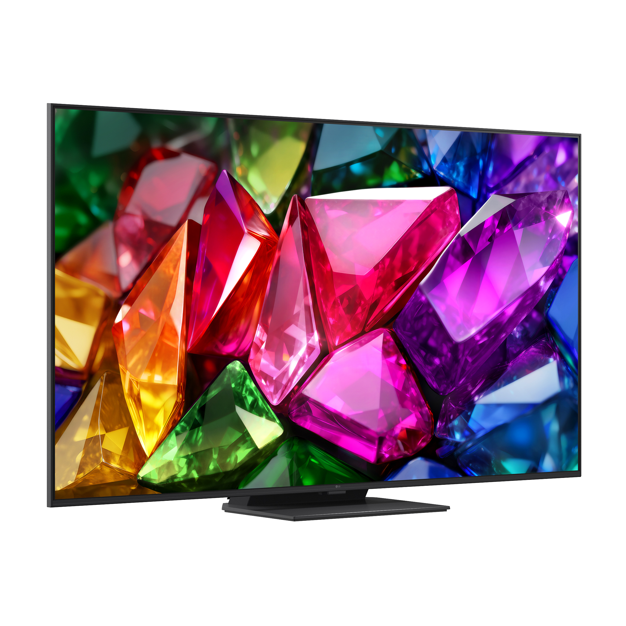 Un televisor con marco negro muestra una pantalla vibrante llena de gemas brillantes y facetadas.
