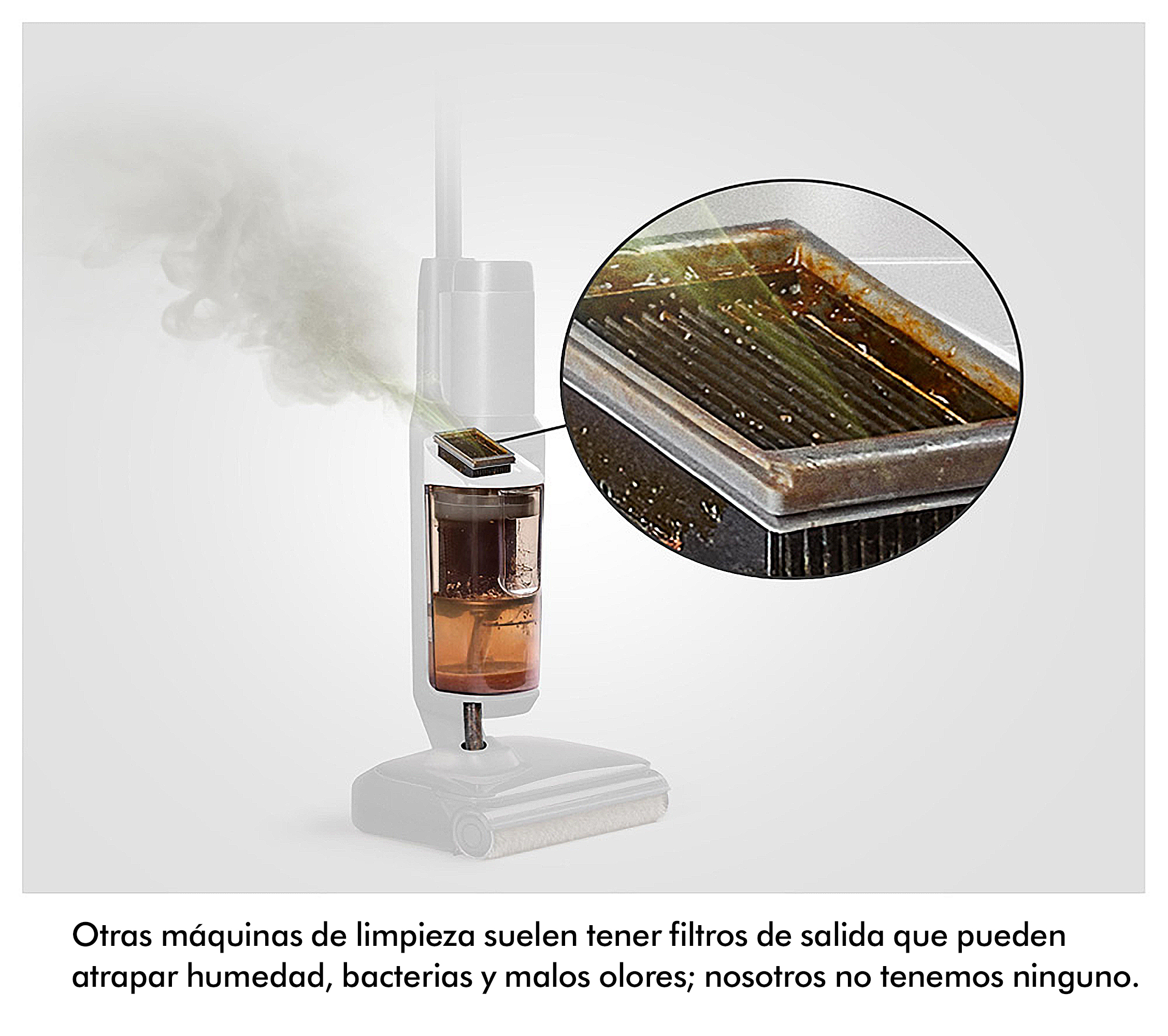 Una máquina de limpieza con un filtro sucio y aire con humo que sale.