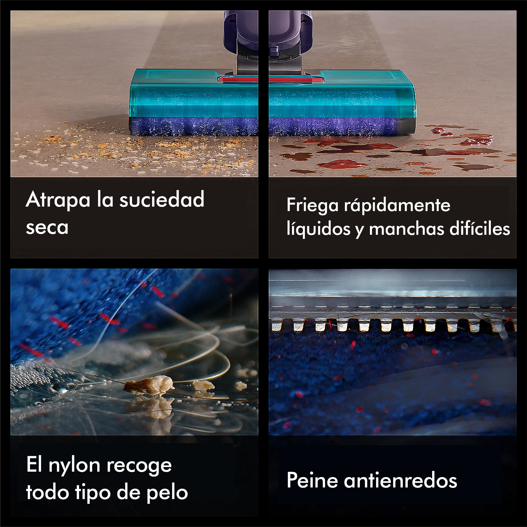 Cuatro imágenes divididas muestran una aspiradora limpiando suciedad seca, líquidos y pelo, con un peine antienredos.