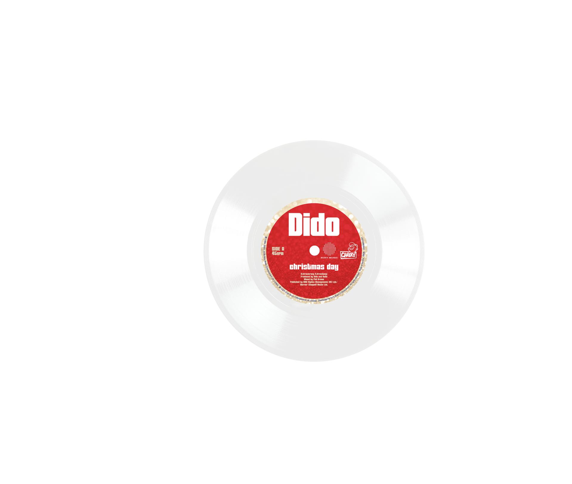Eine weiße Vinyl-Schallplatte von Dido mit rotem Label für den Song Christmas Day auf einem weißen Hintergrund.