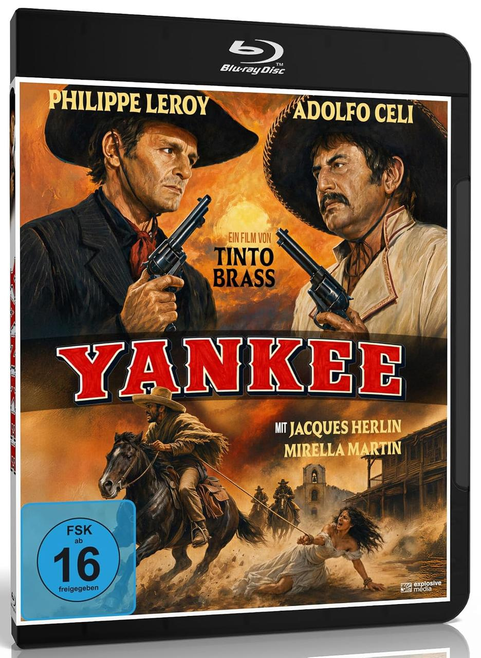 Blu-ray-Cover des Films Yankee mit Philippe Leroy und Adolfo Celi, die Revolver halten und vor Wüstenkulisse posieren.
