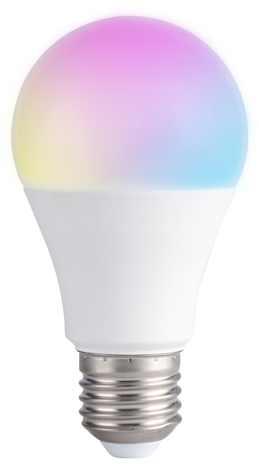 Eine intelligente LED-Glühbirne leuchtet in Rosa, Gelb und Blau vor einem schlichten weißen Hintergrund.
