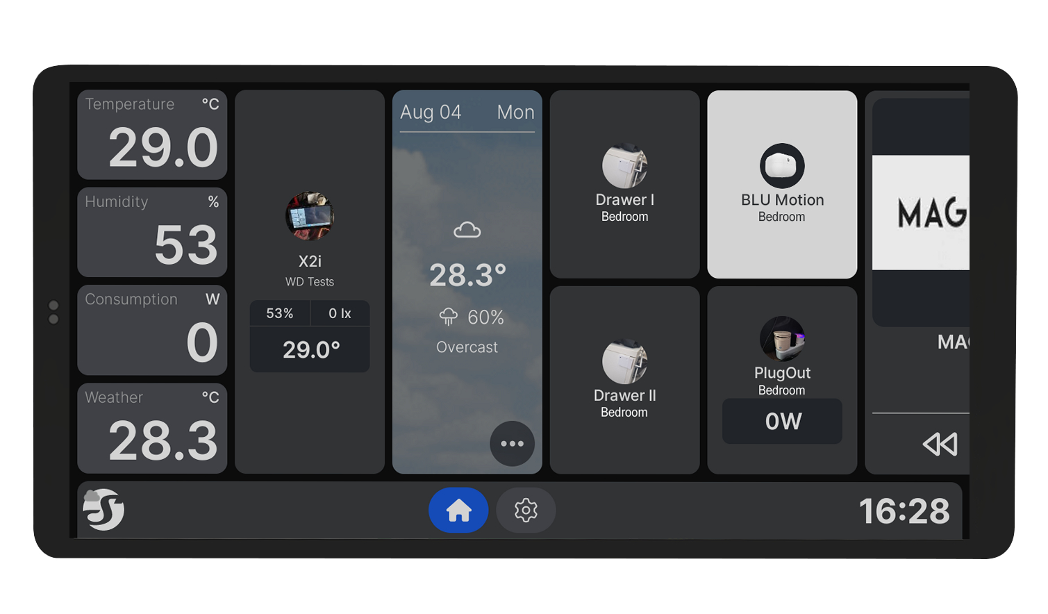 Ein Smart-Home-Bedienfeld zeigt Temperatur, Wetter, Energieverbrauch und Gerätestatus auf einem dunklen Bildschirm.