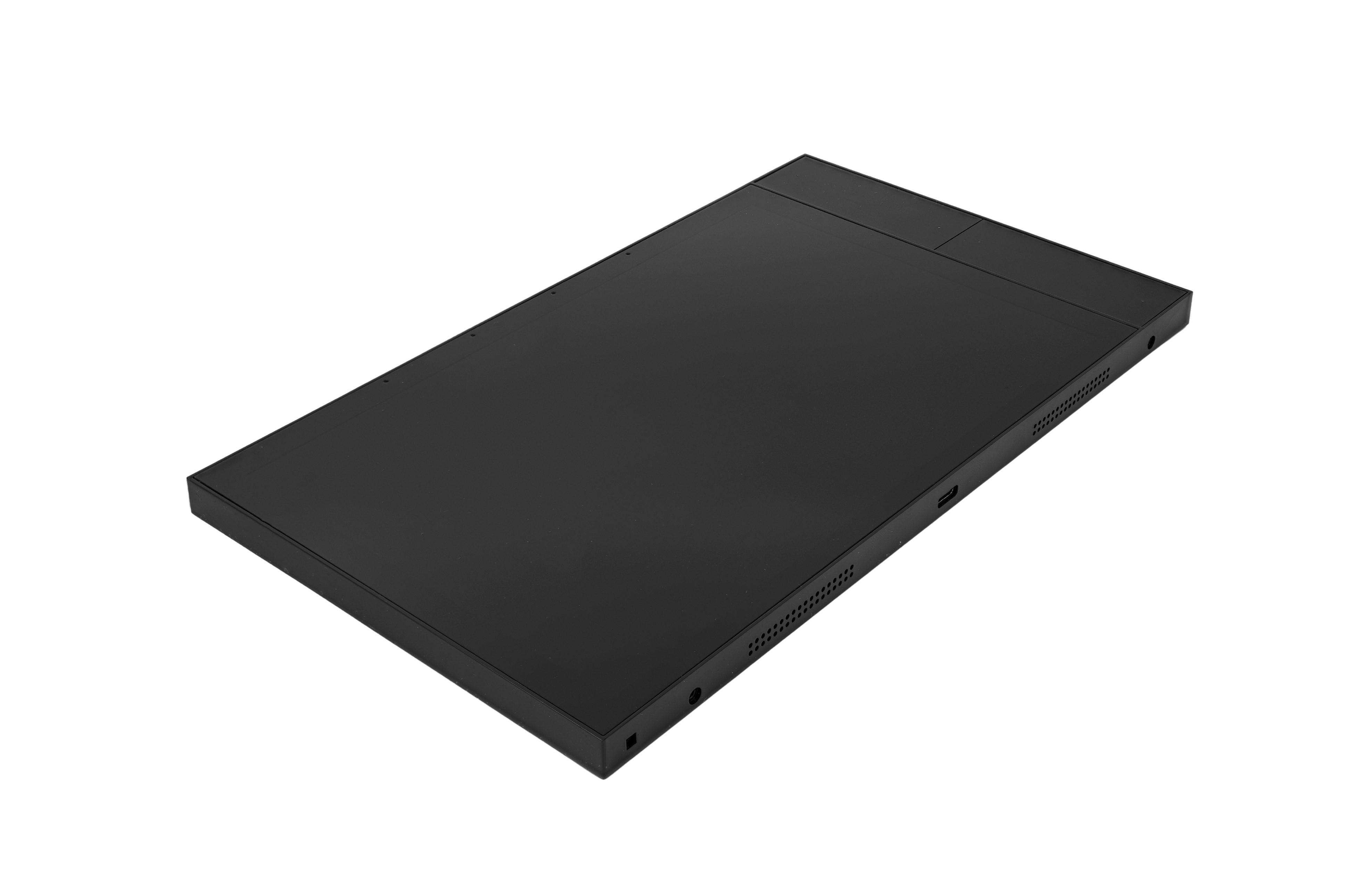 Ein schlankes, schwarzes elektronisches Gerät in rechteckiger Form auf weißem Hintergrund.