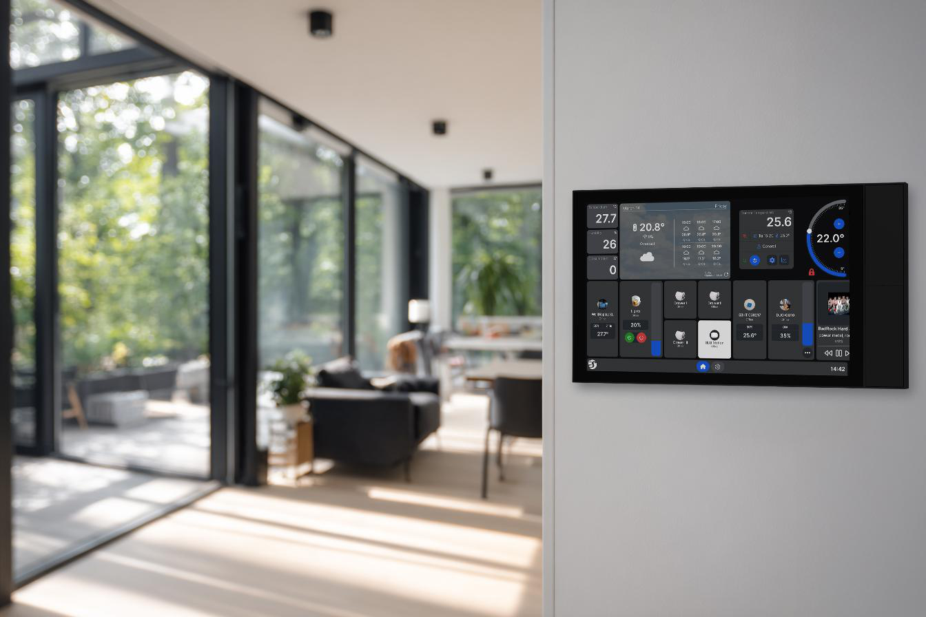 Wandmontiertes Smart-Home-Bedienfeld in einem hellen, modernen Wohnzimmer mit großen Fenstern.