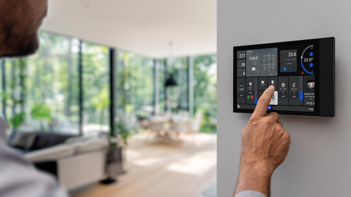 Person bedient ein Smart-Home-Bedienfeld an einer Wand in einem modernen, hellen Wohnzimmer.