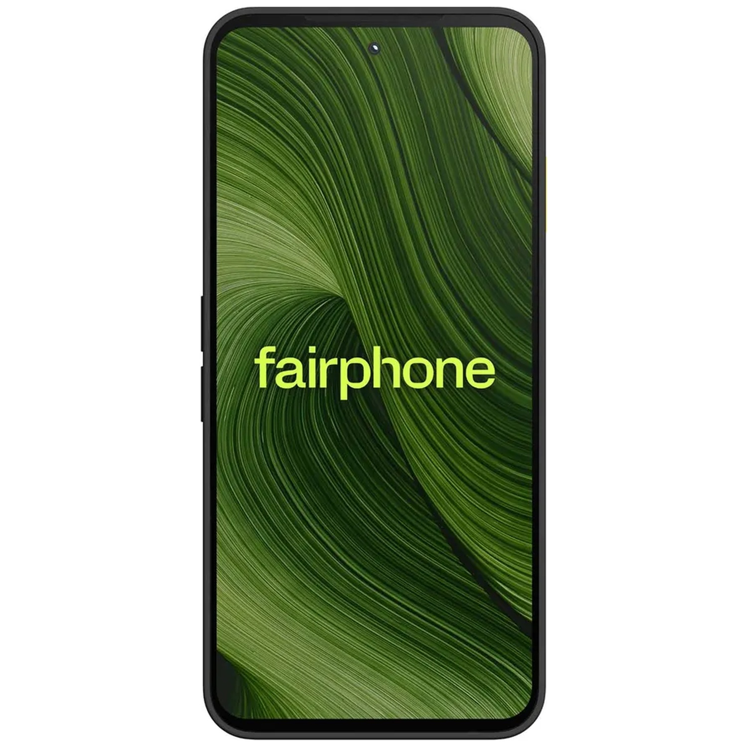 Un smartphone dans un boîtier noir affiche un fond vert tourbillonnant avec le mot fairphone au centre.