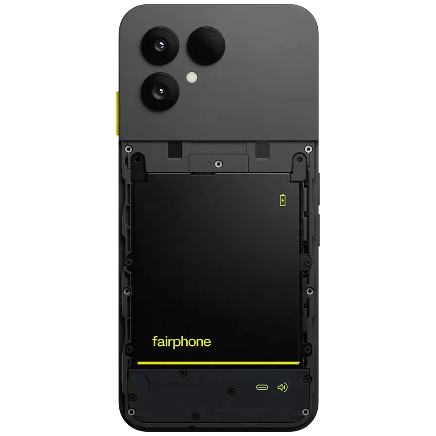 Dos d'un Fairphone gris avec un boîtier ouvert montrant la batterie noire et des vis apparentes.