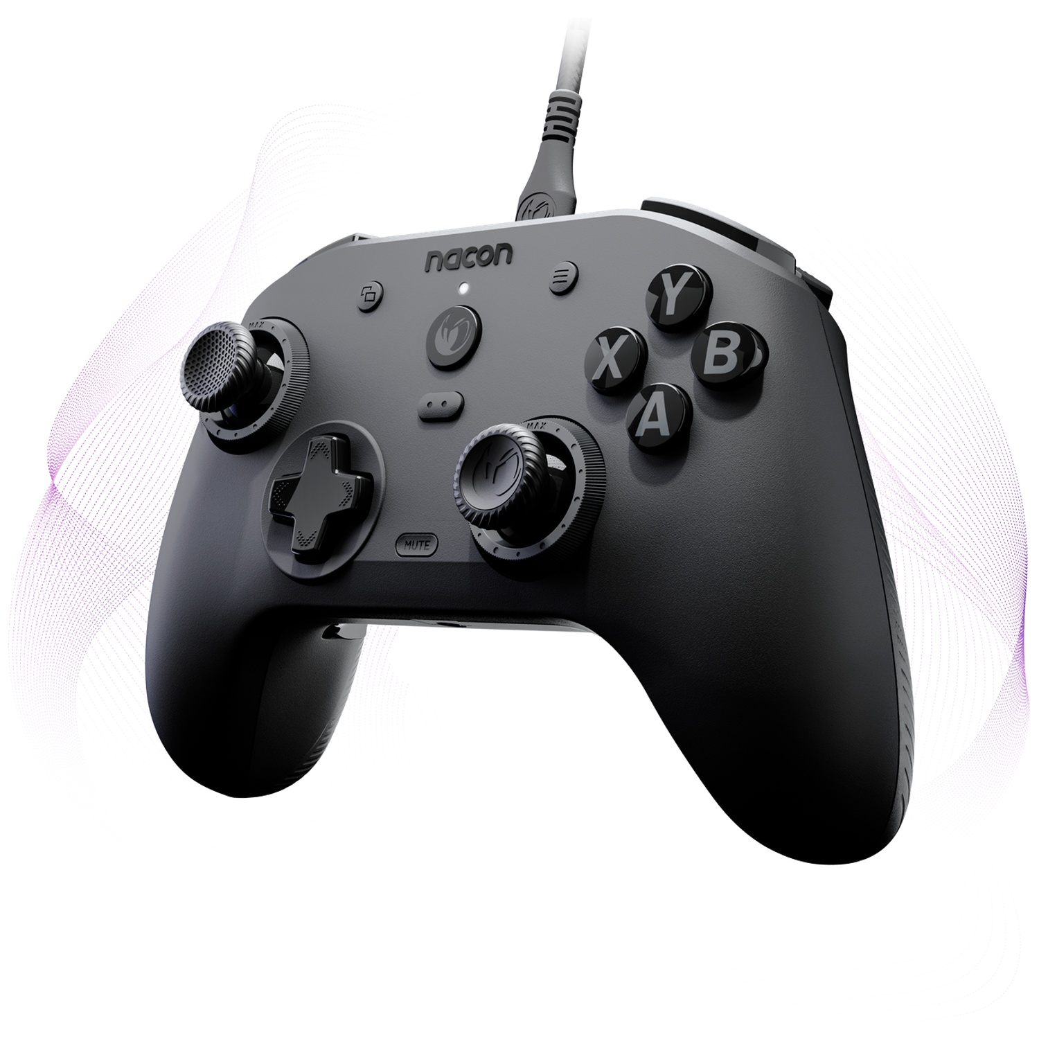 Black Nacon wired gaming controller with textured grips, action buttons, and symmetrical sticks against a white background.