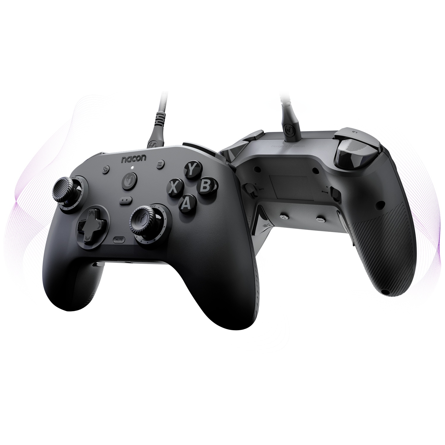 Two views of a black wireless controller with buttons and joysticks against a white background.