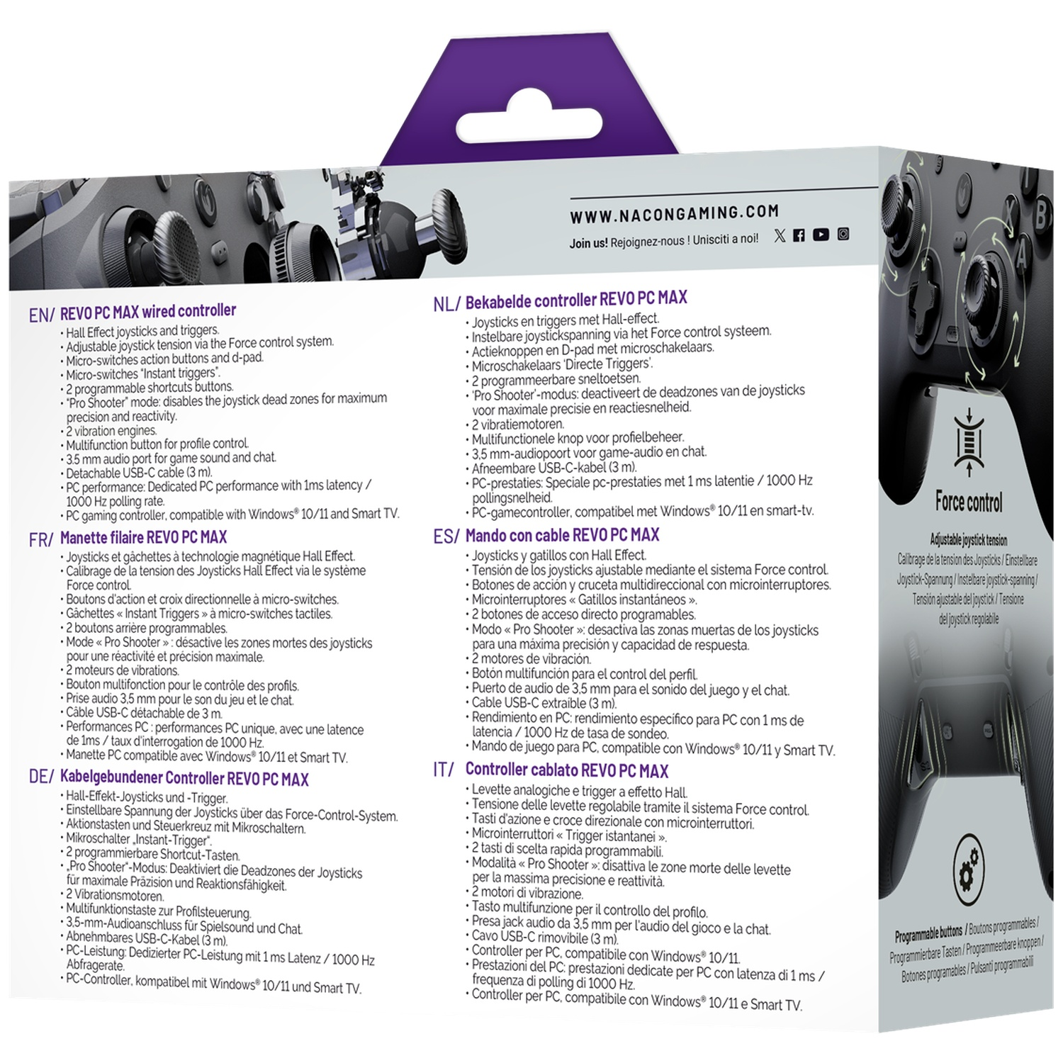 Back of a game controller packaging displaying multilingual features and controller graphics.