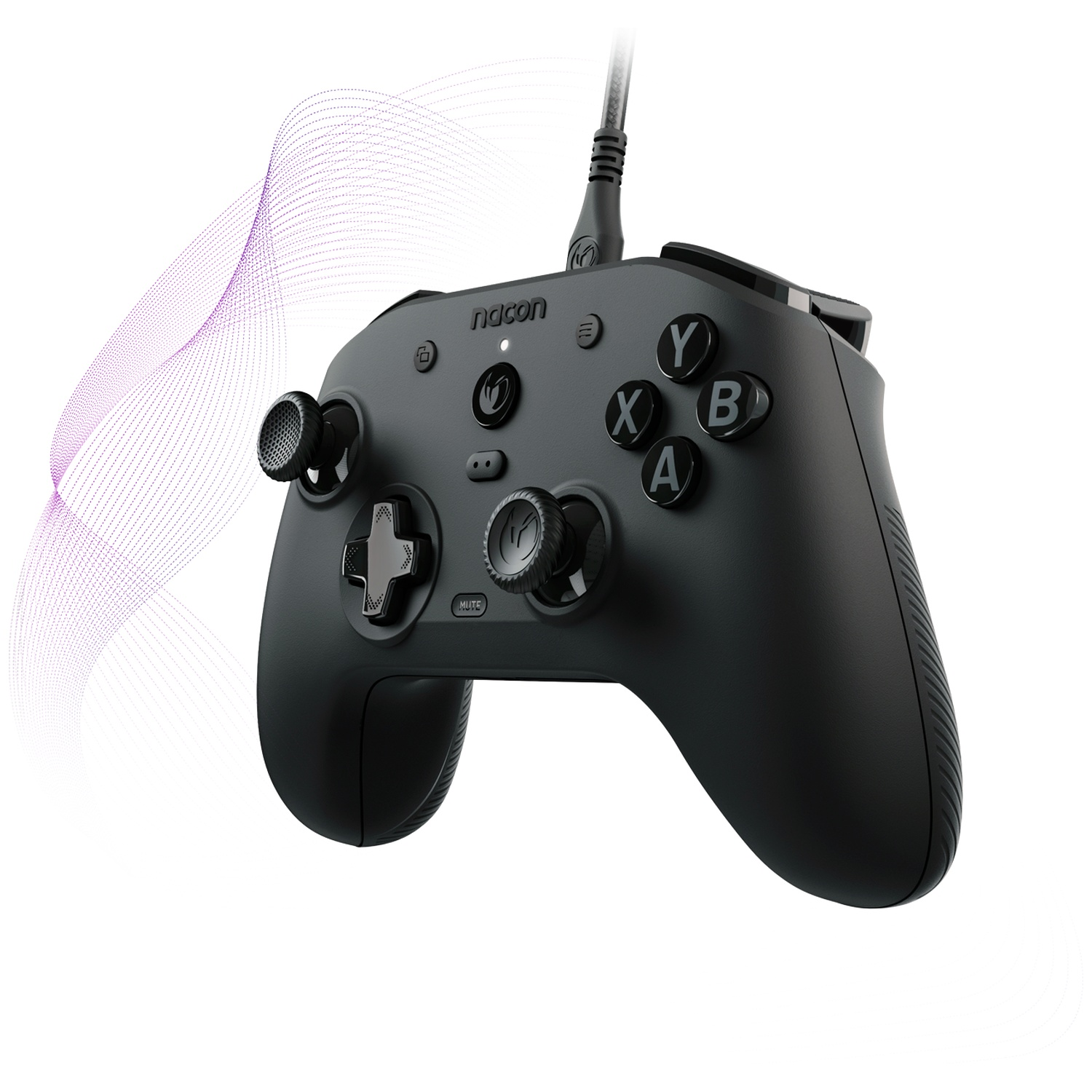 Black wired gaming controller with ABXY buttons, joysticks, and purple wave lines in the background.