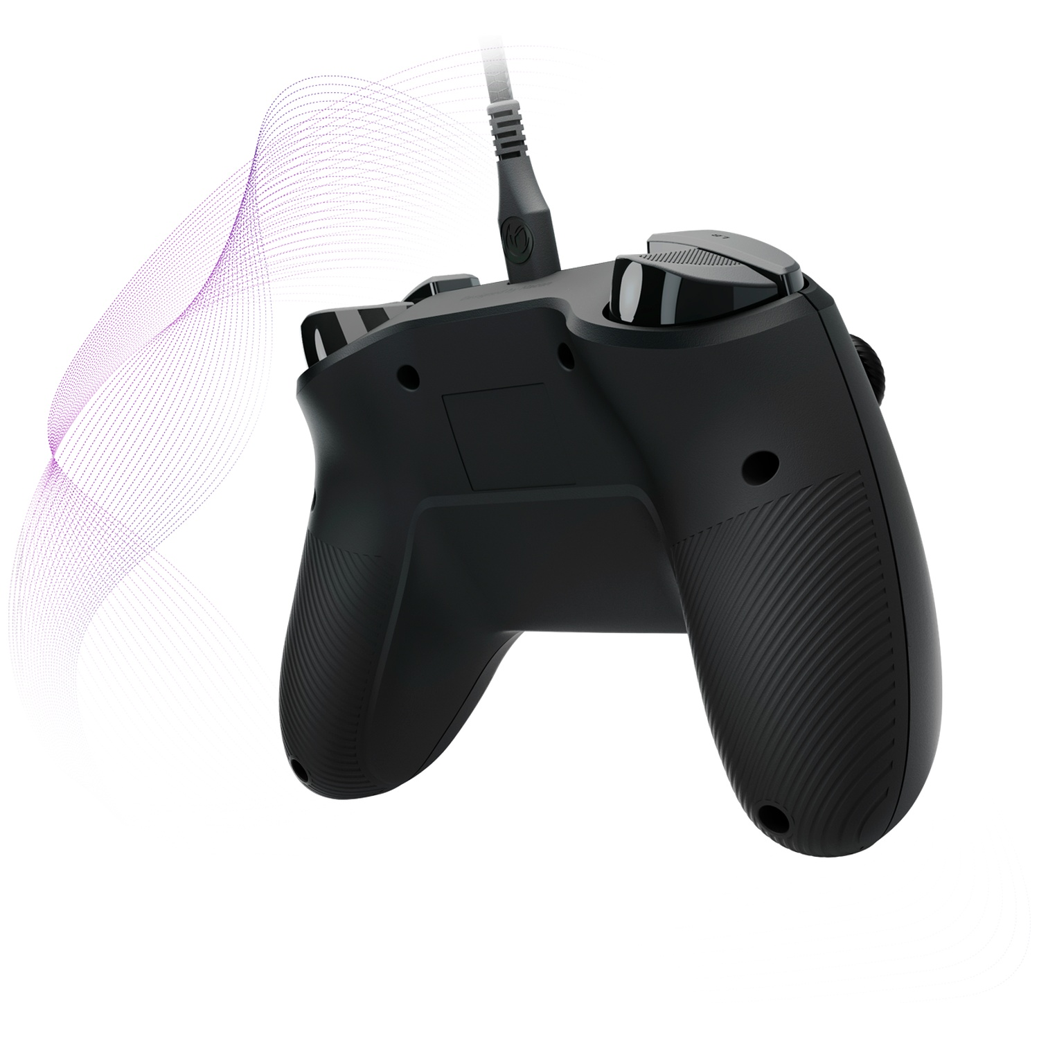 Back view of a black wired gaming controller with wavy purple lines in the background.