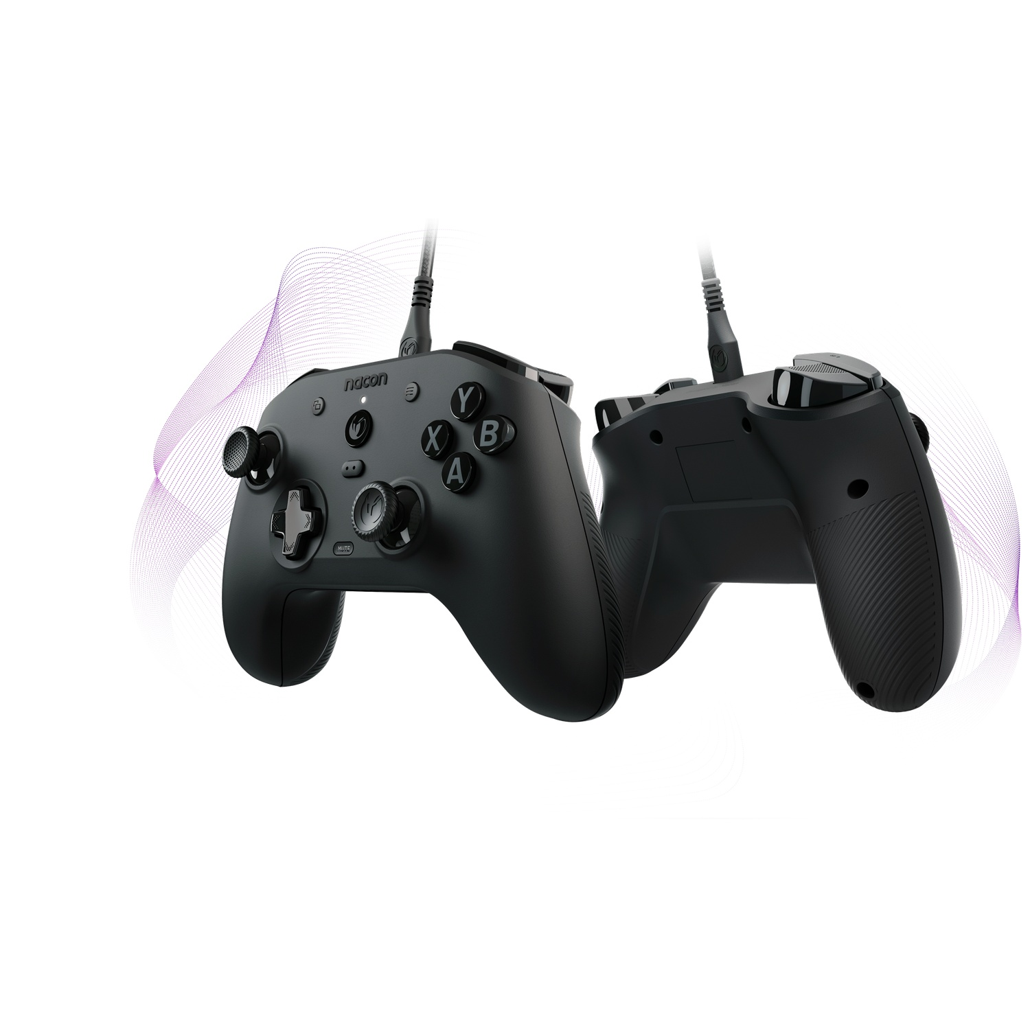 Two black wired Nacon gaming controllers displayed against a white background with purple lines.