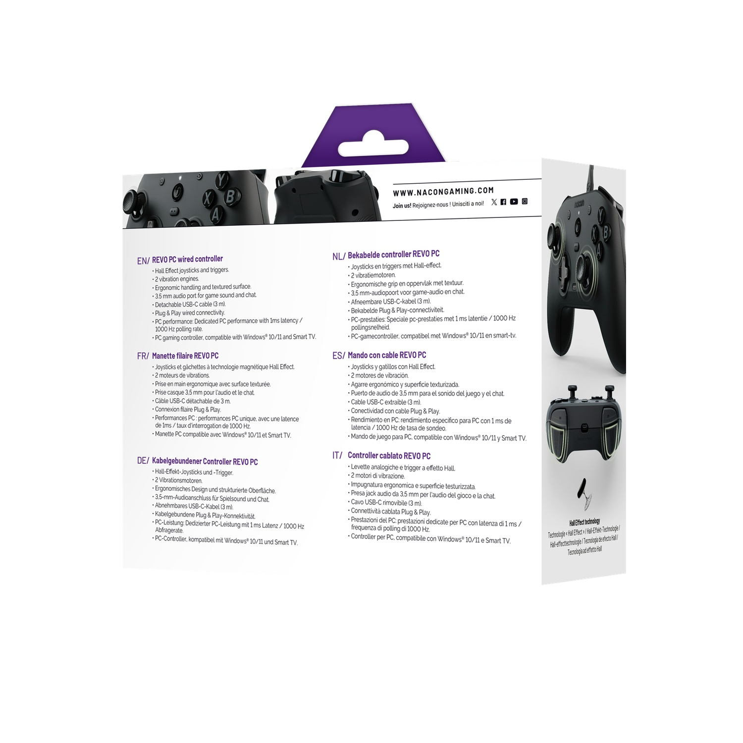 Back of packaging for a black wired controller, showing technical details in multiple languages.