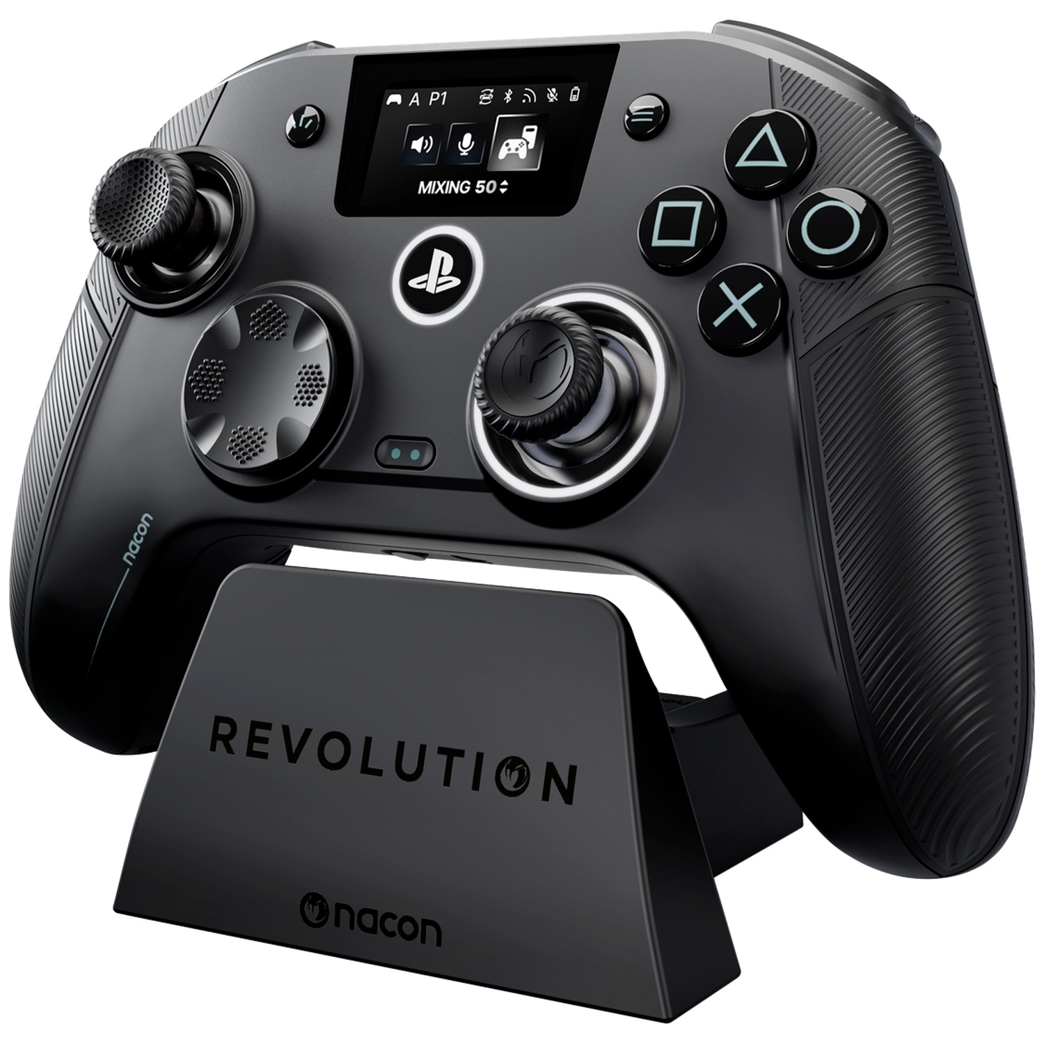 Black Nacon Revolution controller on a charging dock featuring a display screen and PlayStation buttons.