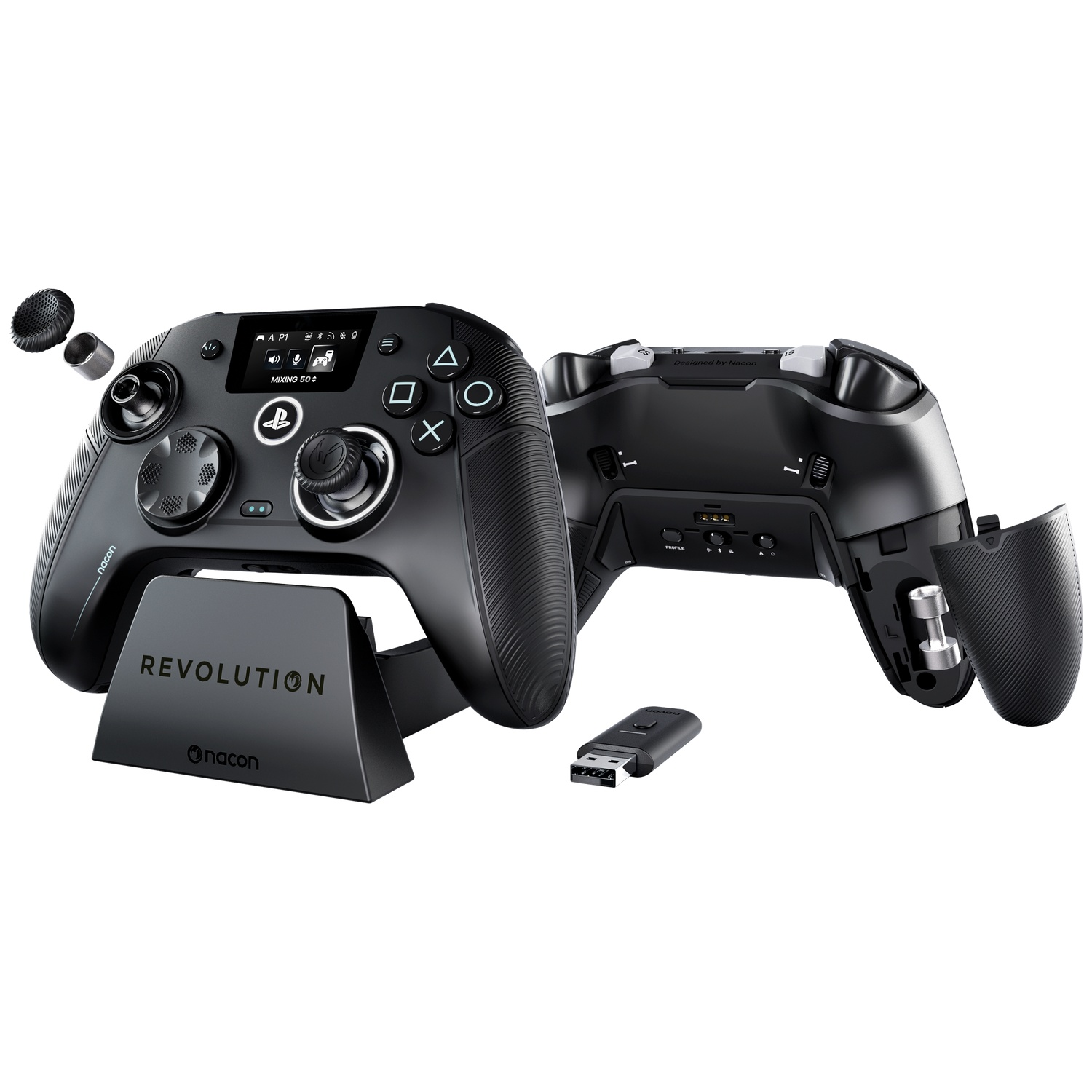 Black Nacon Revolution controller on charging stand with USB dongle and adjustable weights.