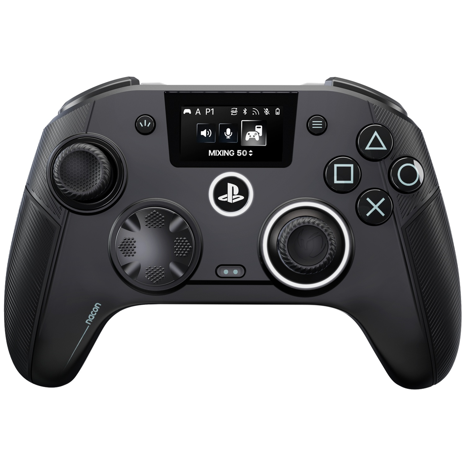 A black PlayStation controller features a small display screen, dual joysticks, a d-pad, and action buttons.
