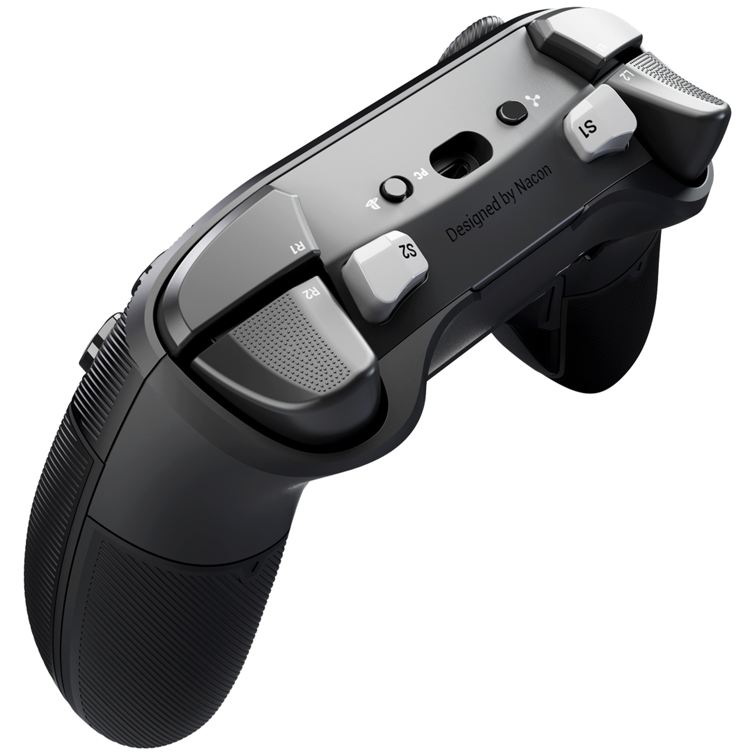 Rear view of a black Nacon gaming controller featuring silver buttons and textured grips.