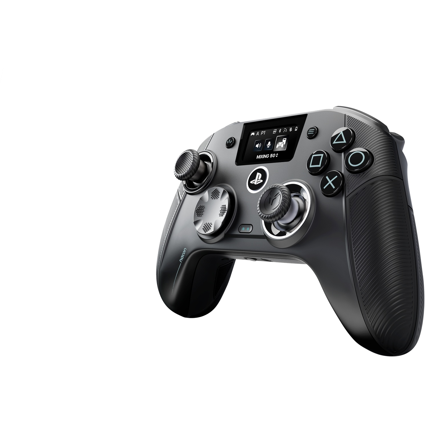 A black wireless gaming controller with dual joysticks, a D-pad, action buttons, and a small central screen.