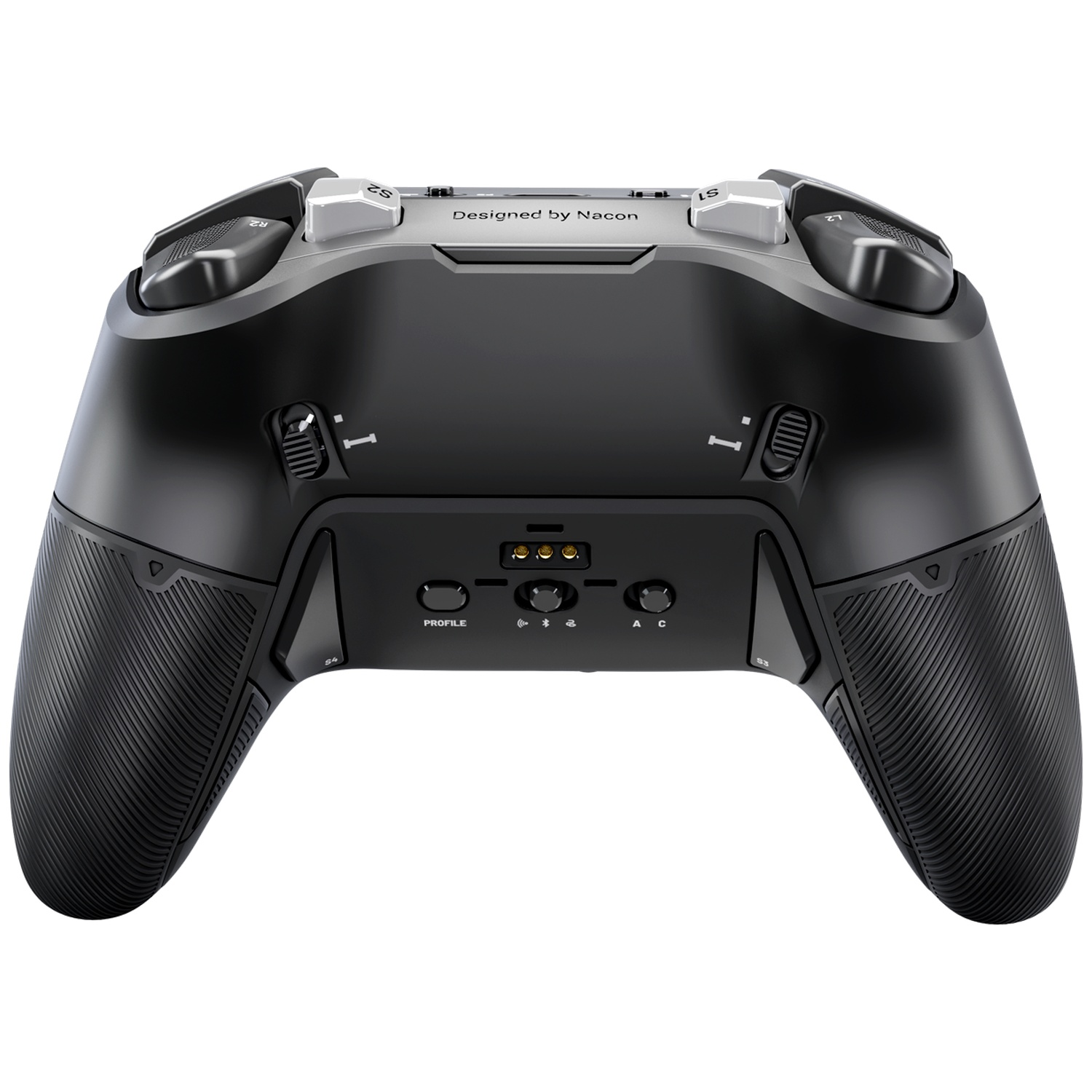 The back of a black Nacon gamepad featuring textured grips and extra control buttons.