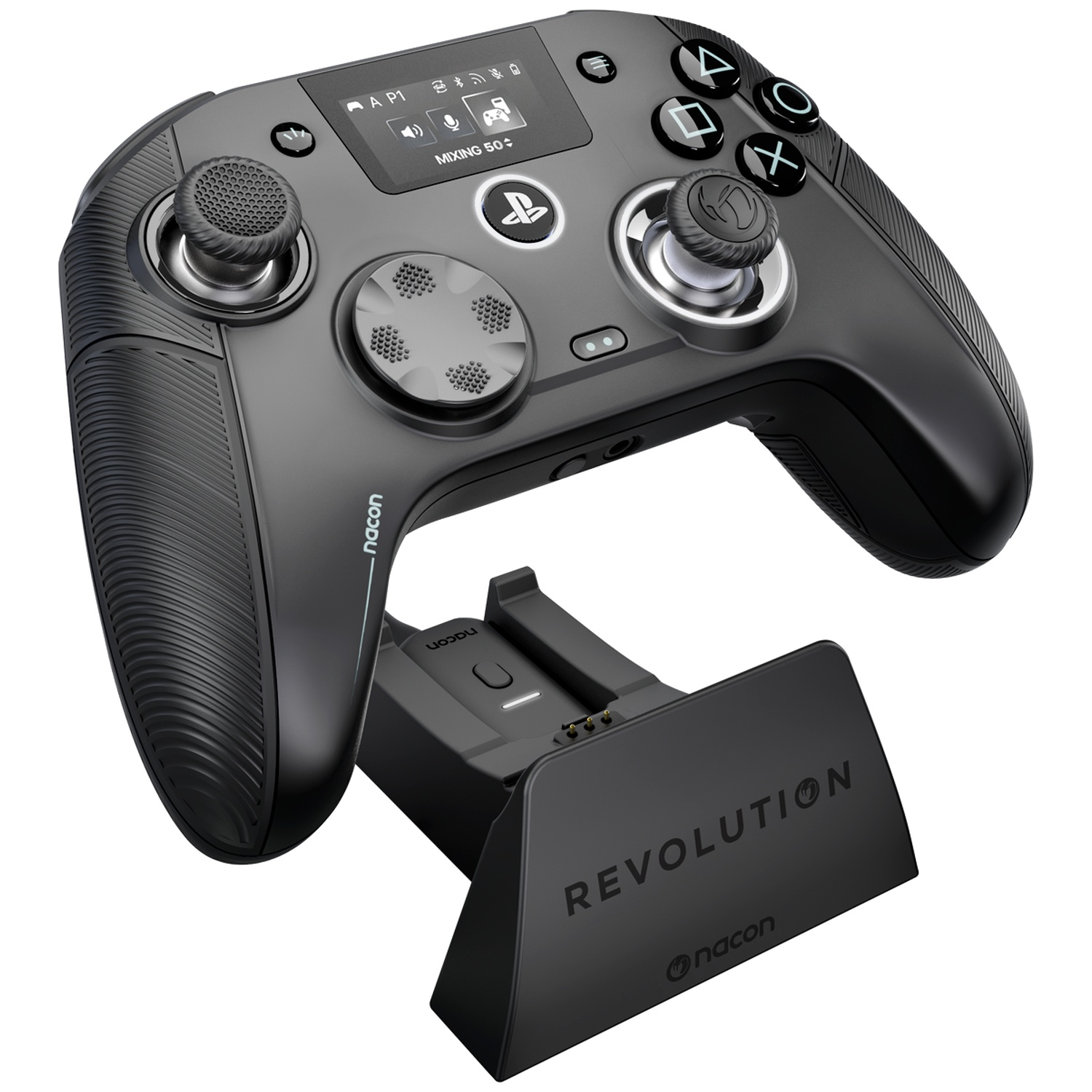 Black Nacon Revolution controller on its matching charging dock against a white background.