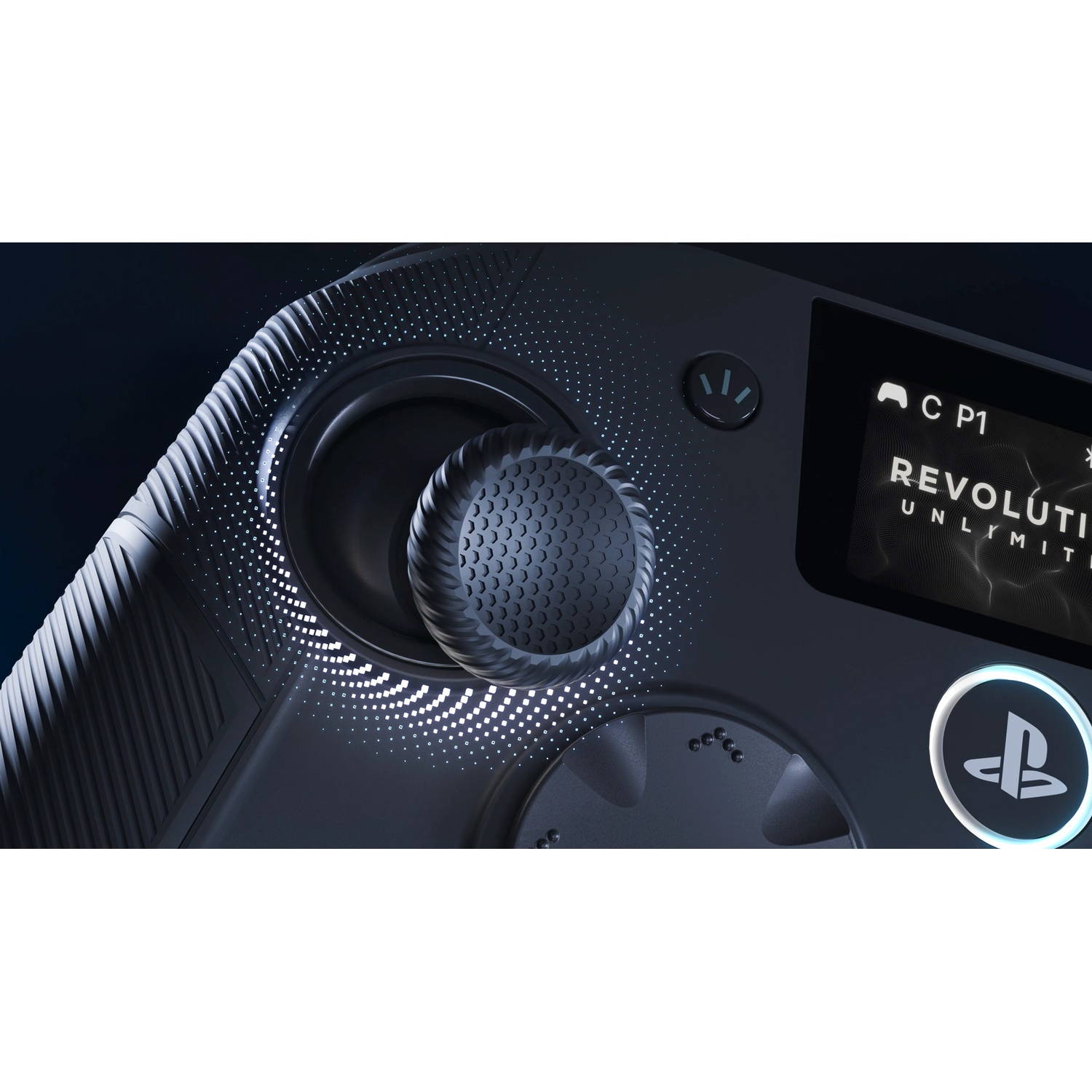 Close-up of a black gaming controller joystick with textured grip and glowing PlayStation logo button.