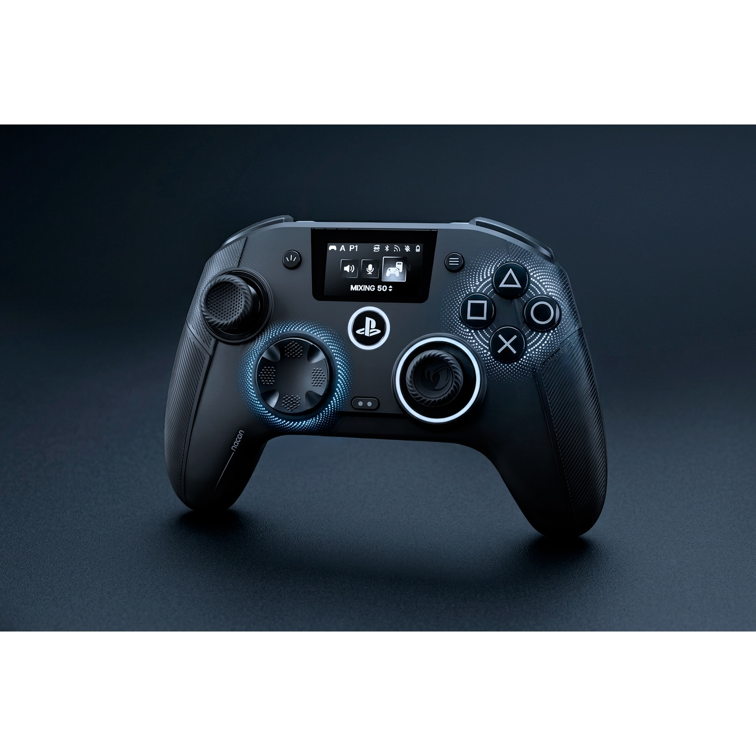 A black PlayStation controller with a small digital display and glowing blue and white accent lights.