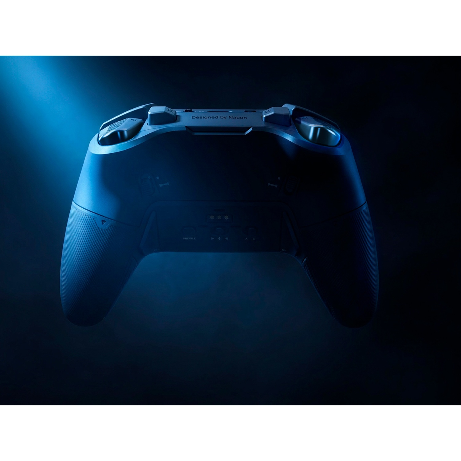 A black Nacon controller set against a dark blue background.