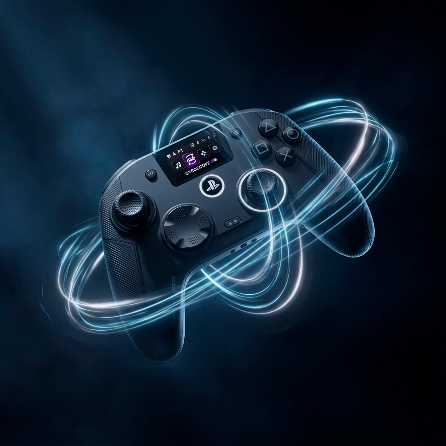 Black PlayStation controller surrounded by glowing blue light trails with a small central screen.