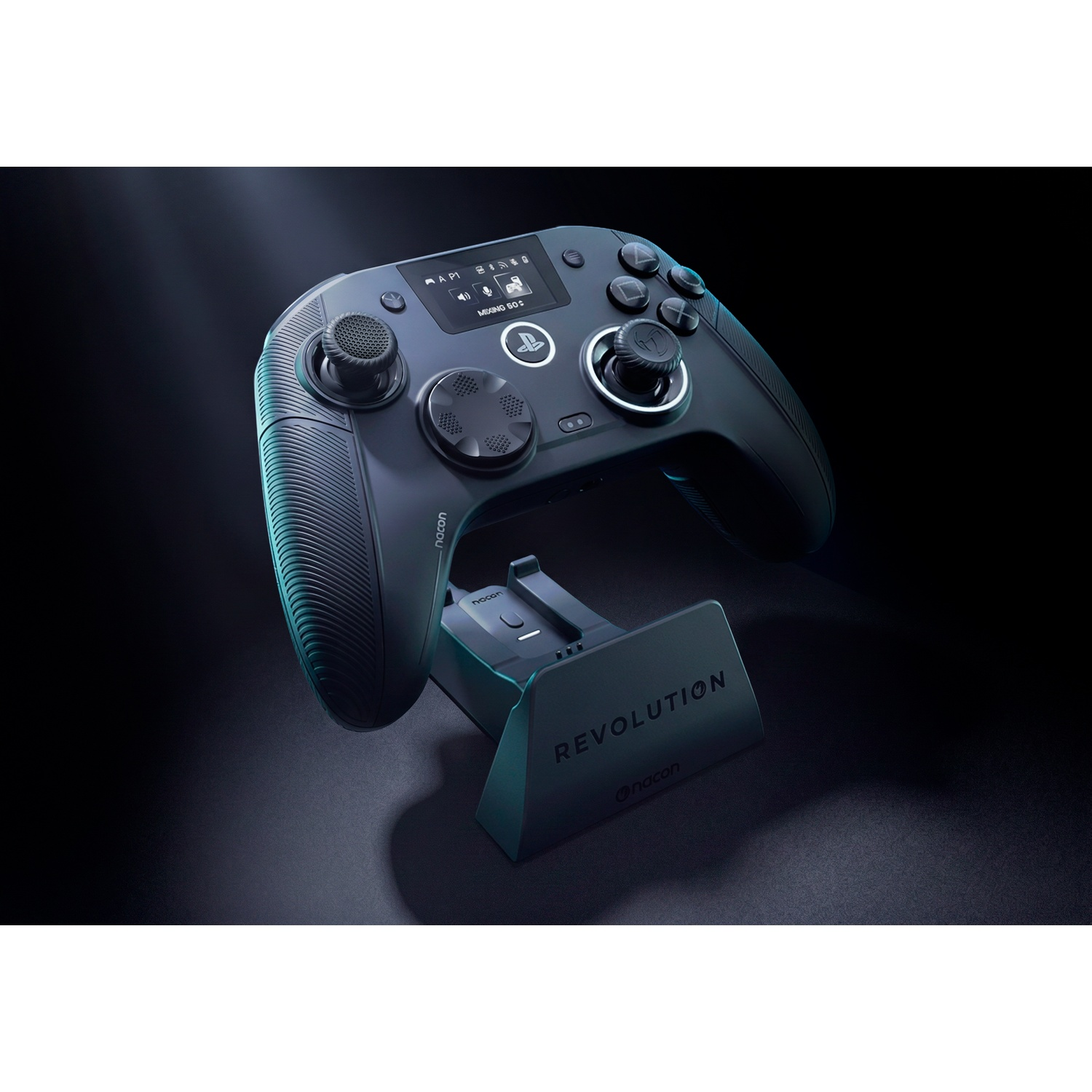 A black Nacon Revolution gaming controller on its charging dock against a dark background with blue lighting.