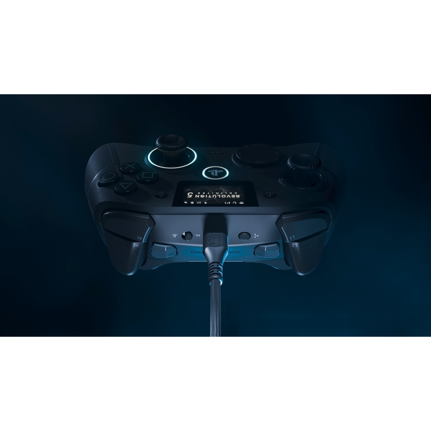 A black PlayStation controller with glowing blue lights, a small screen, and a connected USB-C cable.