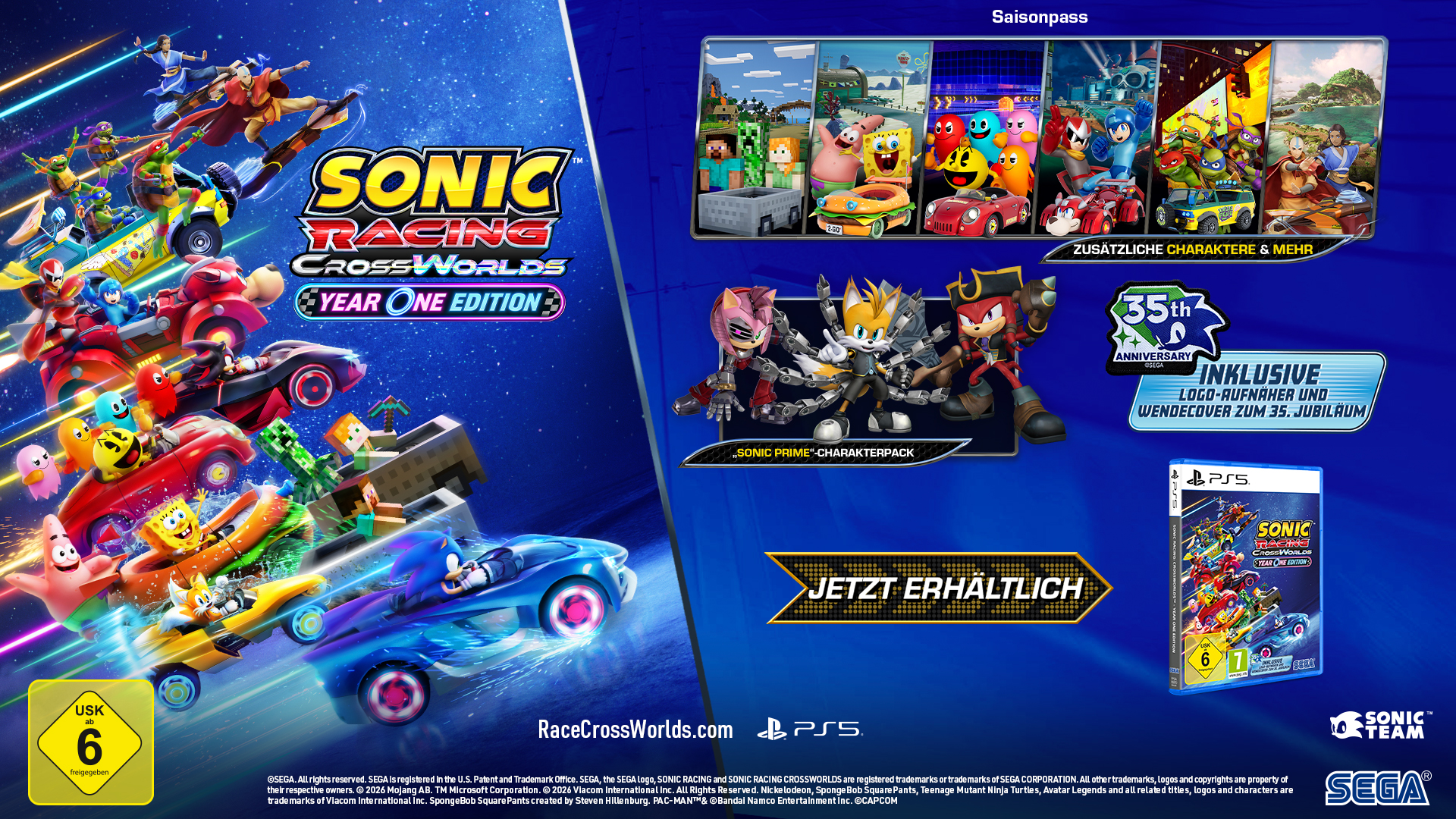 Sonic Racing Crossworlds Year One Edition Promo-Bild mit Sonic, Charakteren, Spielbox und Season Pass.