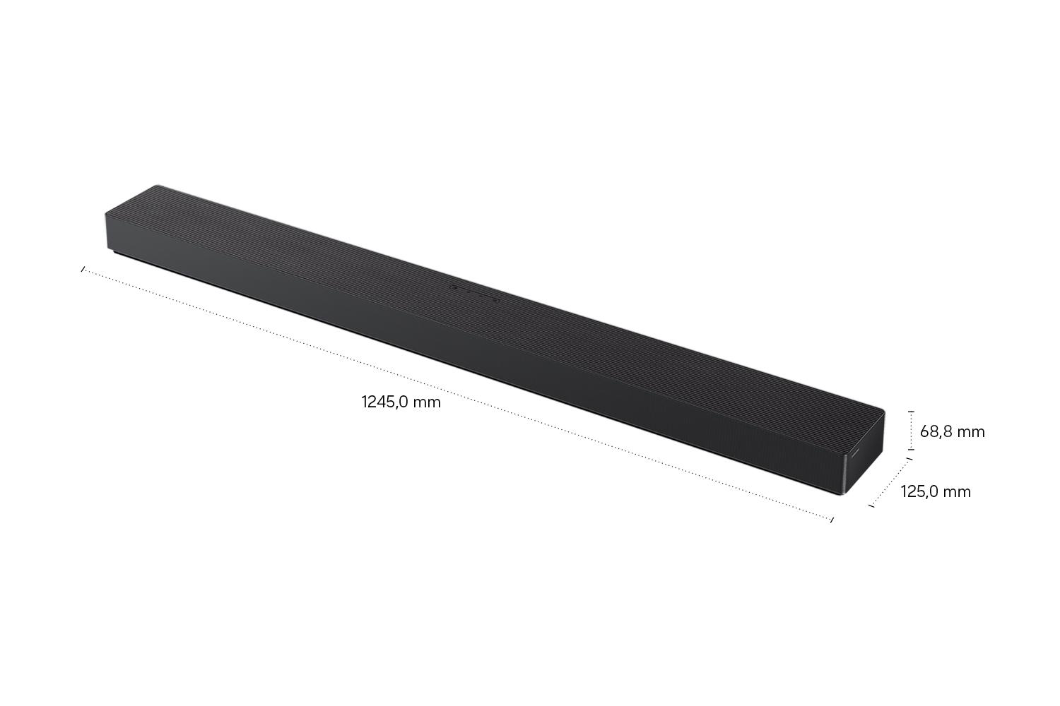 Schwarze Soundbar mit Abmessungen von 1245,0 mm Länge, 68,8 mm Höhe und 125,0 mm Tiefe auf weißem Hintergrund.