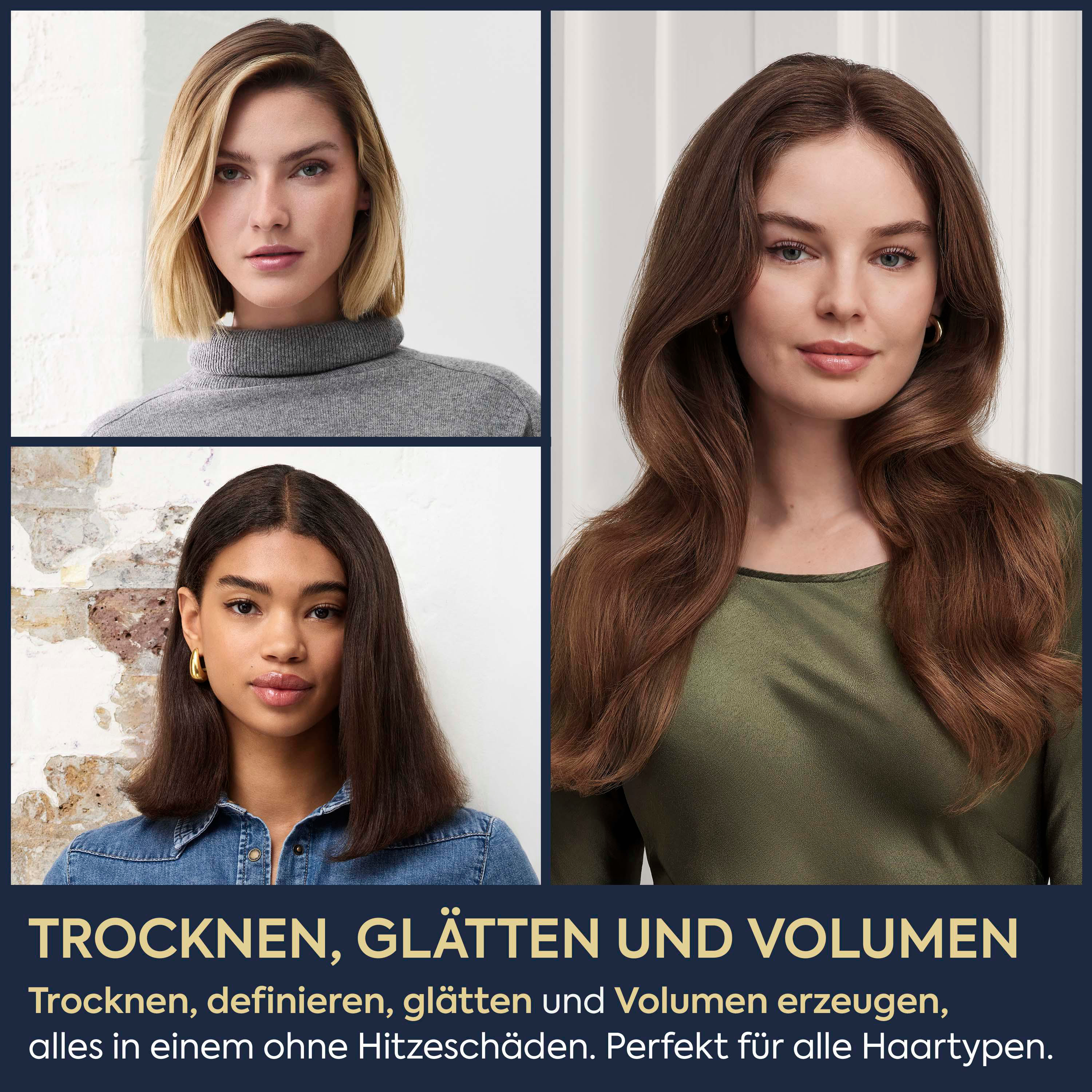 Drei Frauen mit unterschiedlichen Frisuren zeigen glattes, definiertes und voluminöses Haar.